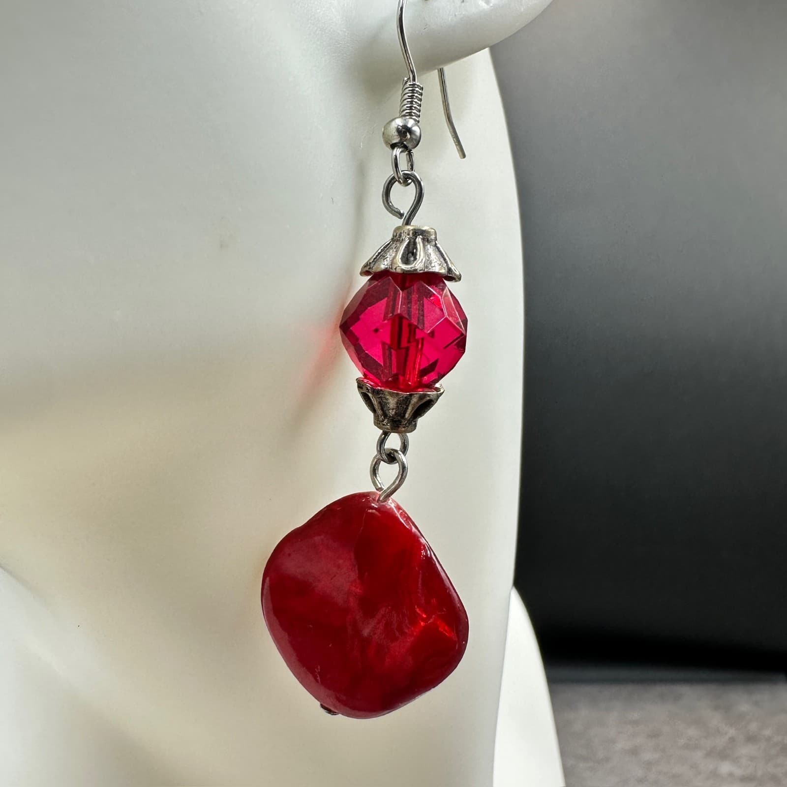 Coronet Vintage Red Bead & Faceted Crystal Silver-Tone Statement Dangle Earrings - Thumbnail 3