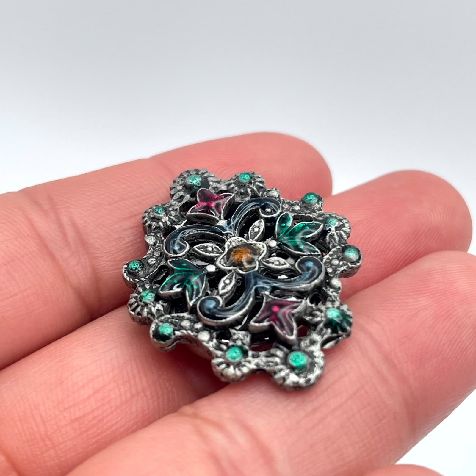 Vintage Ornate Silver-Tone Inlay Enamel Aqua Rhinestone Embellished Button Cover - Thumbnail 7