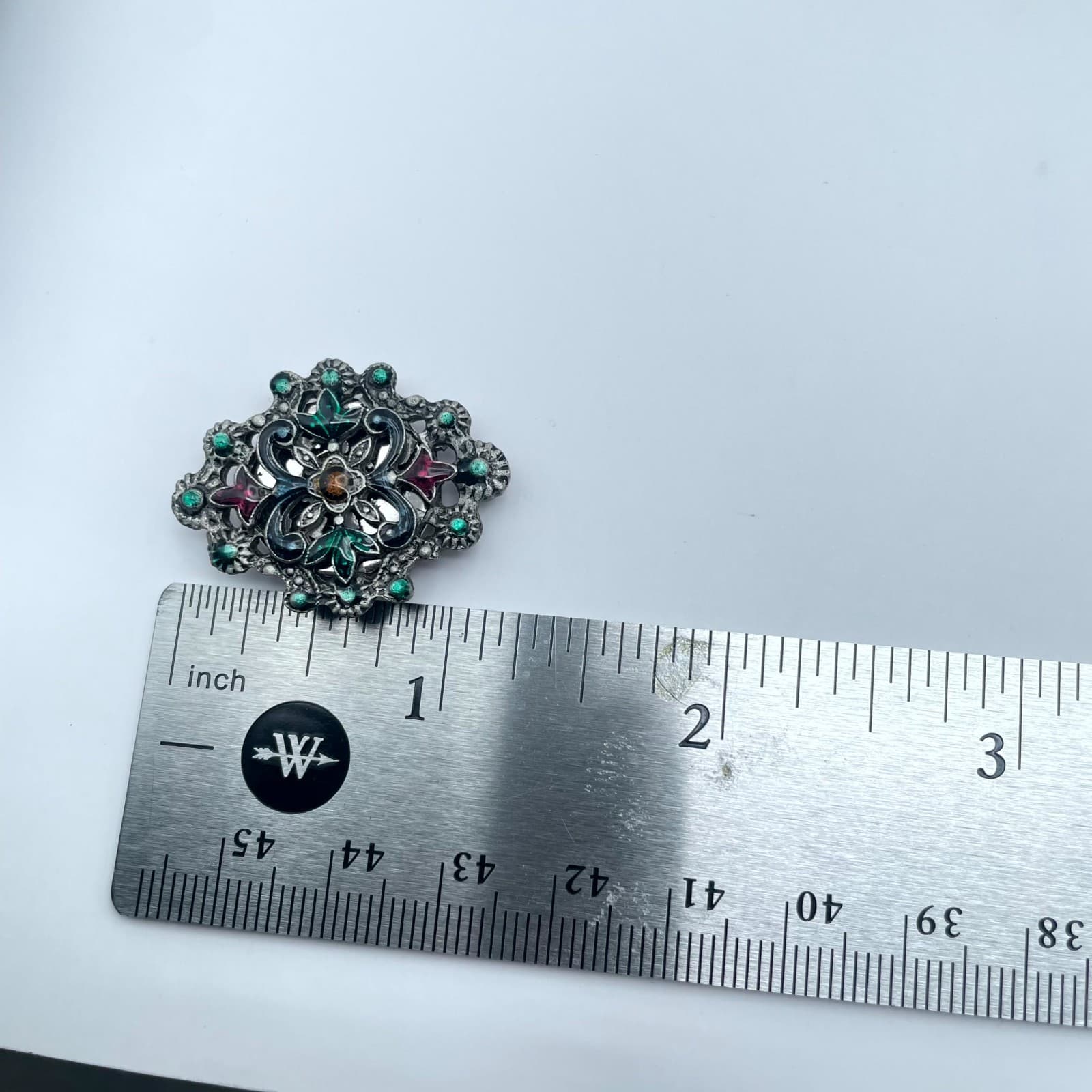 Vintage Ornate Silver-Tone Inlay Enamel Aqua Rhinestone Embellished Button Cover - Thumbnail 9