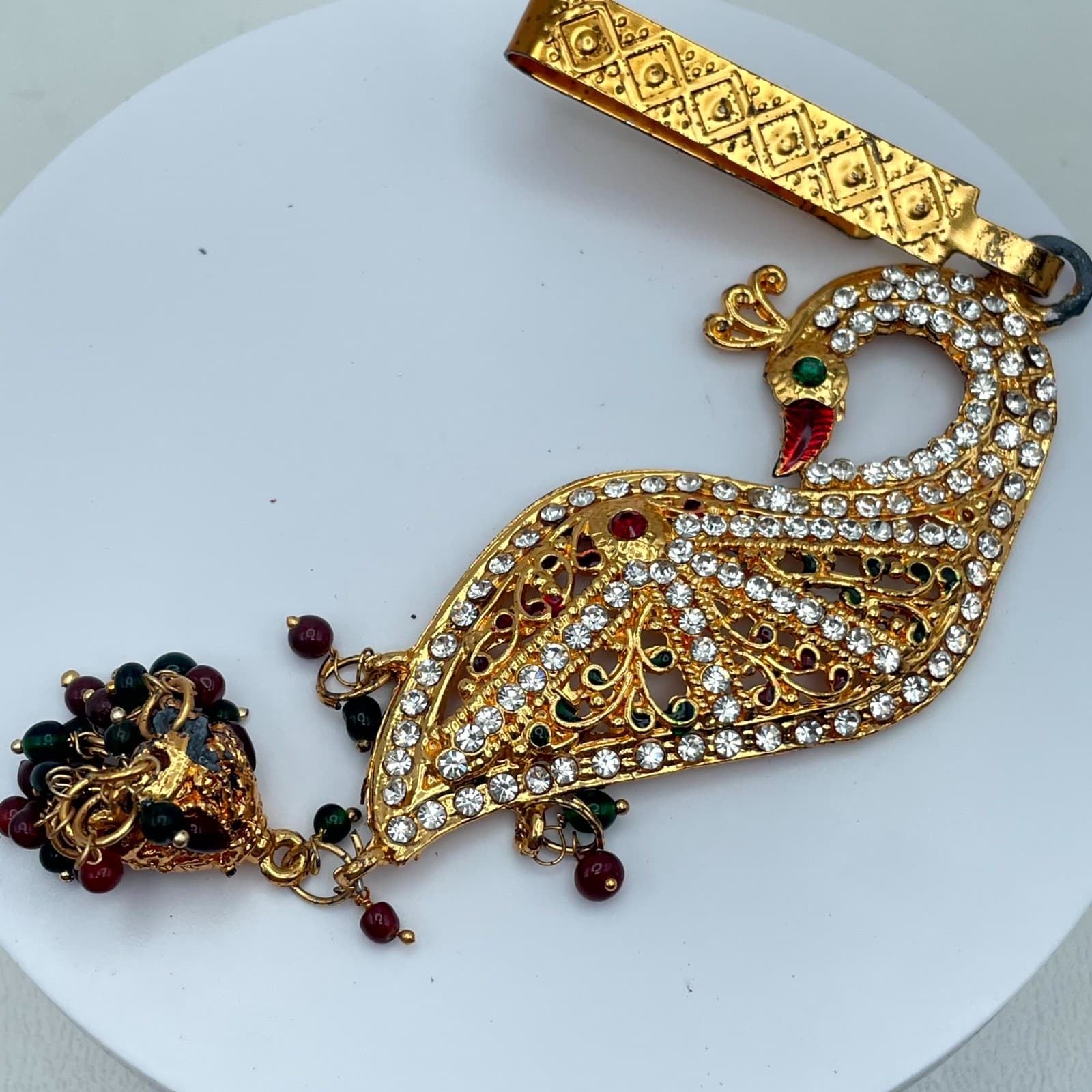 Gold-Tone Classic Fashion Rhinestone Embellished Peacock Saree Tassel Brooch Pin - Image 1