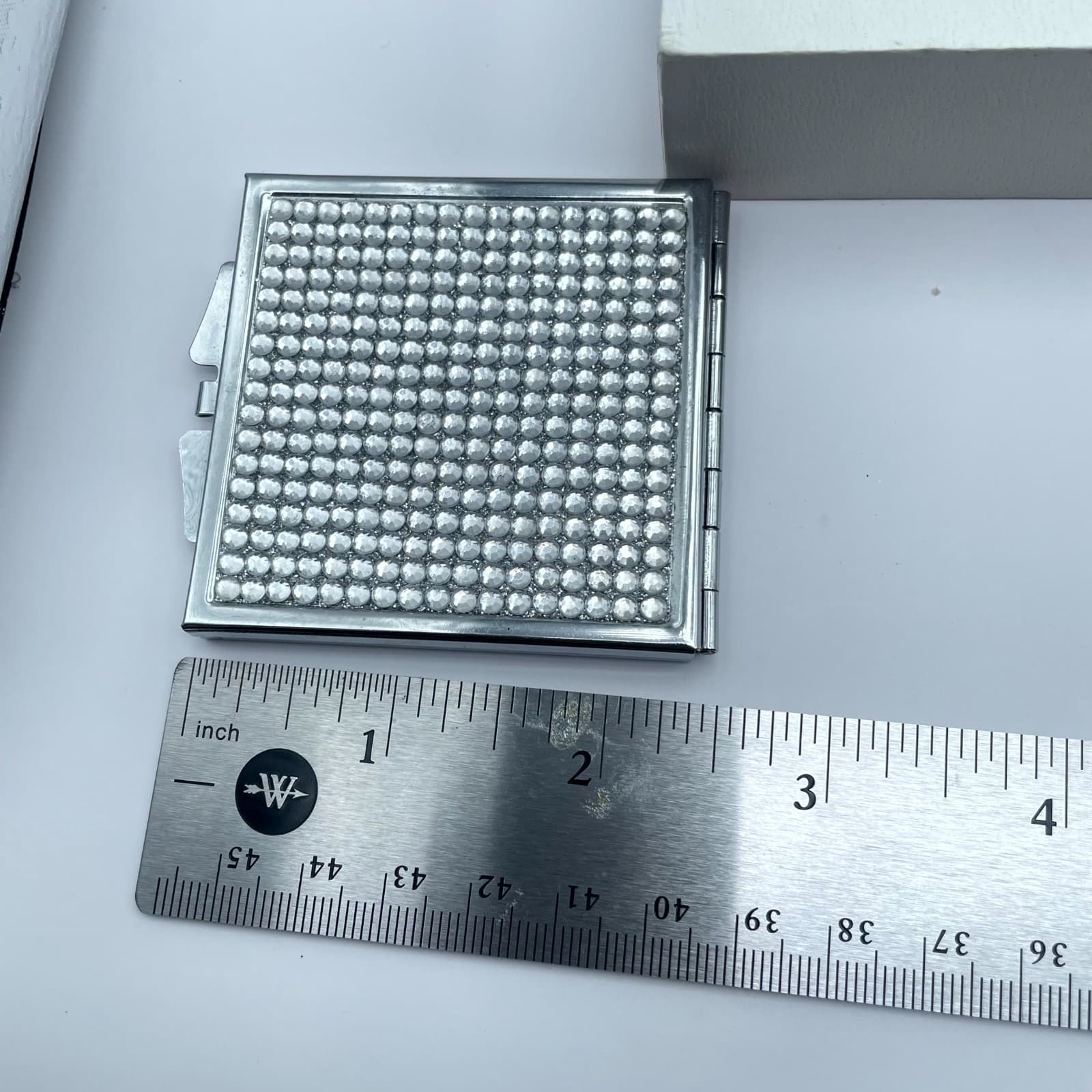 Classic Silver-Tone Rhinestones Embellished Square Compact Pocket Makeup Mirror - Thumbnail 2