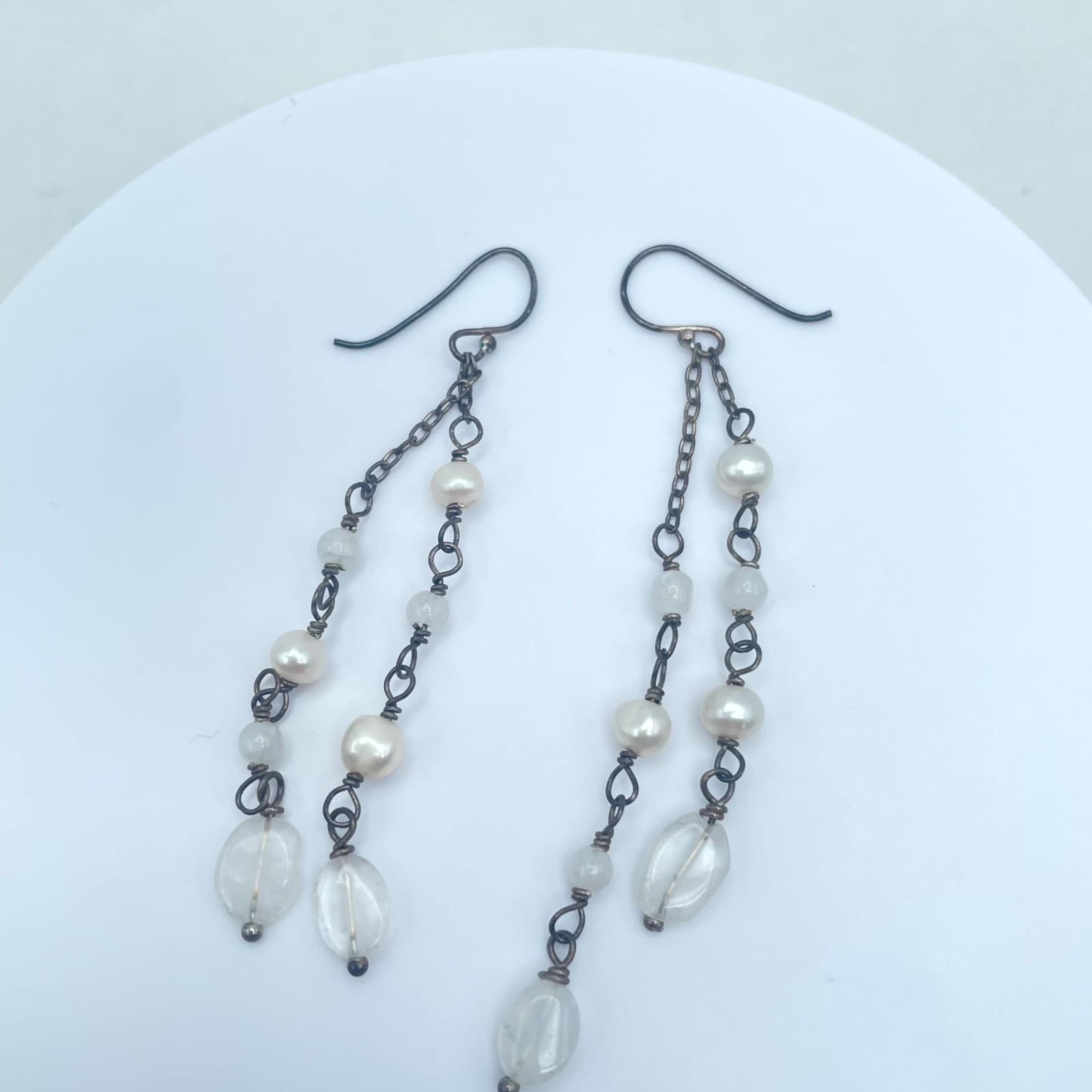 Bronze-Tone Handmade Faceted Glass Beads Mother Of Pearl Linear Dangle Earrings - Image 1