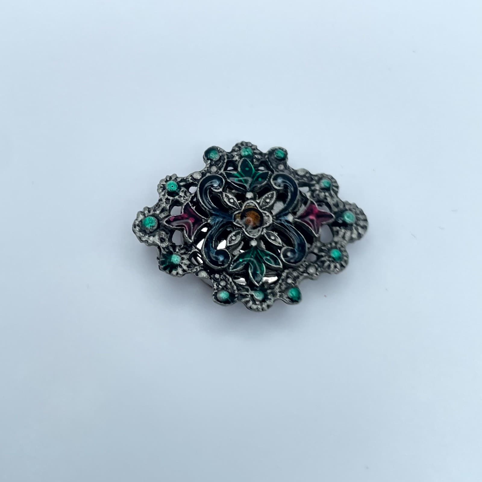 Vintage Ornate Silver-Tone Inlay Enamel Aqua Rhinestone Embellished Button Cover - Thumbnail 2