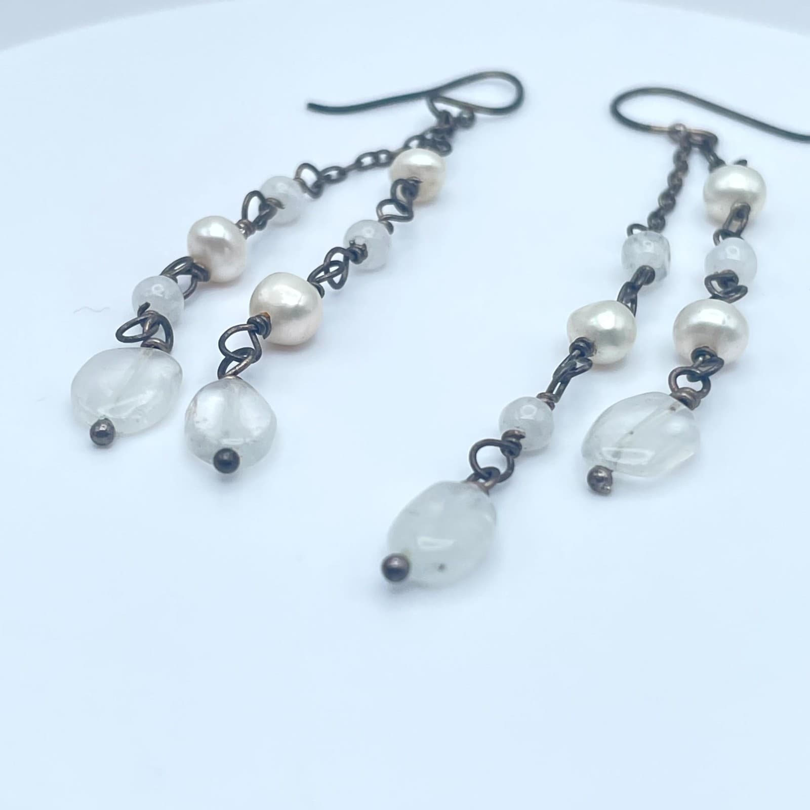 Bronze-Tone Handmade Faceted Glass Beads Mother Of Pearl Linear Dangle Earrings - Thumbnail 7