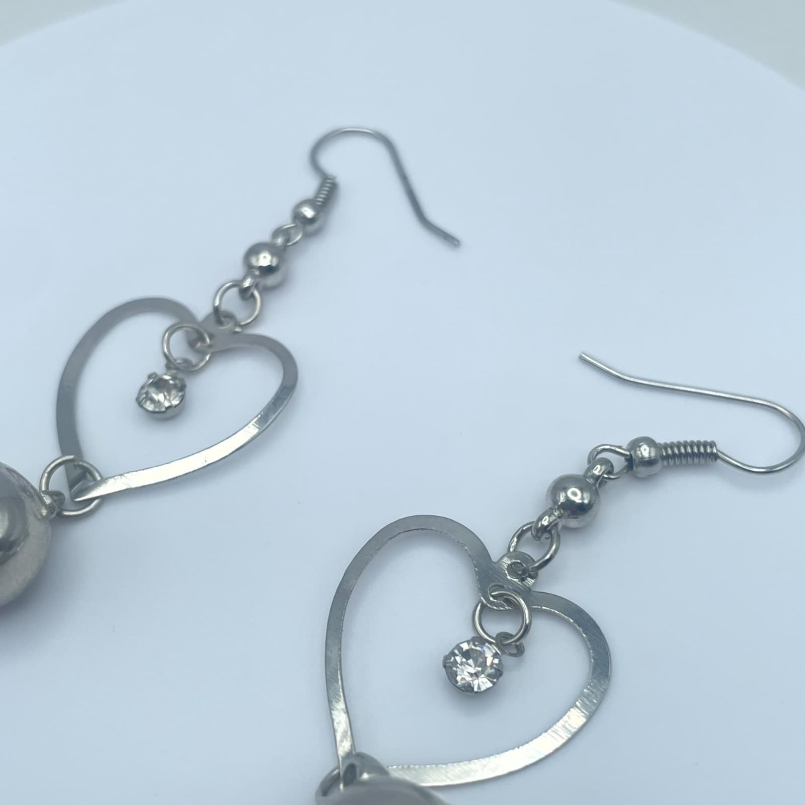 Silver-Tone Faceted Glass Bead Metal Heart-Shaped Dangle Ball Drops Hook Earring - Thumbnail 5