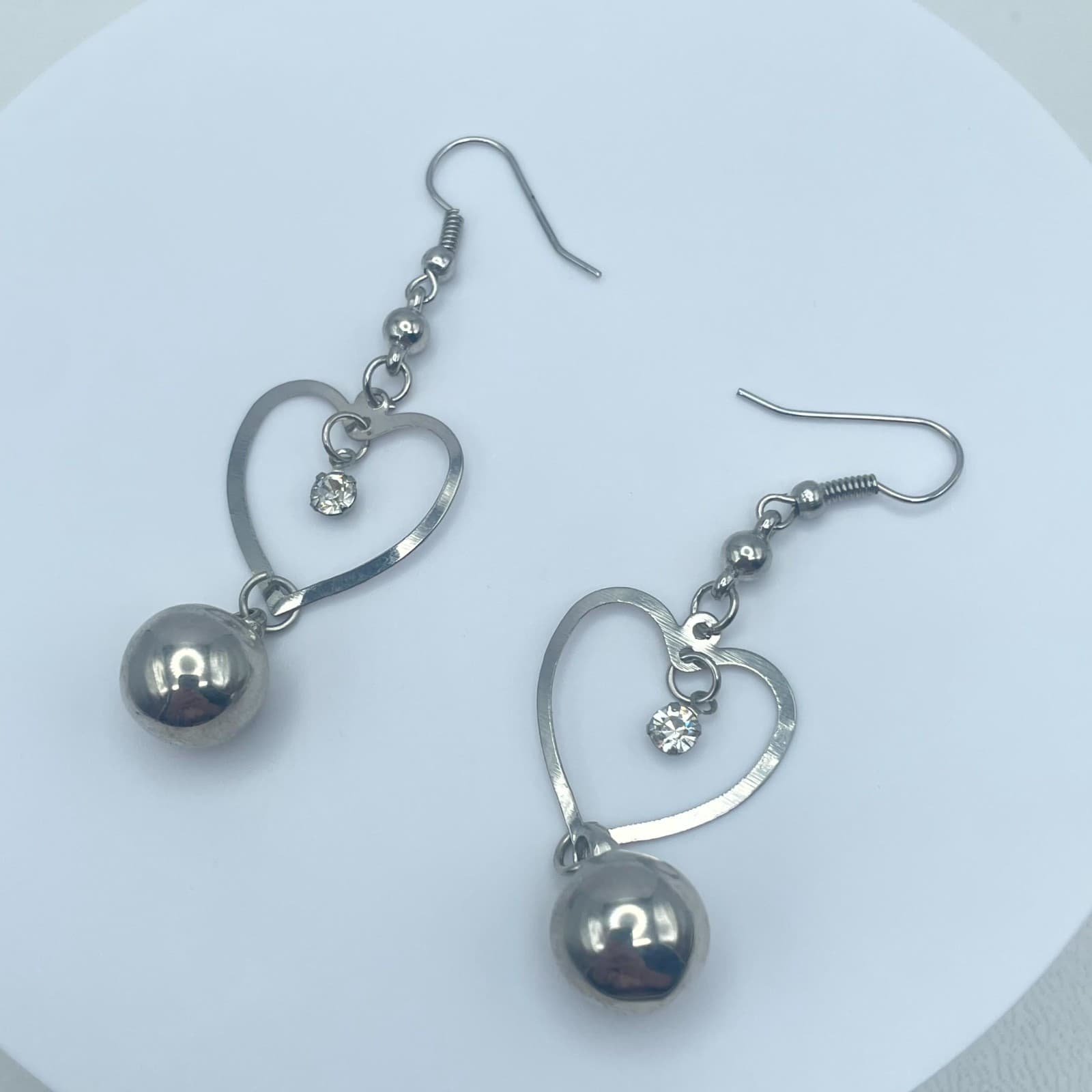 Silver-Tone Faceted Glass Bead Metal Heart-Shaped Dangle Ball Drops Hook Earring - Thumbnail 4