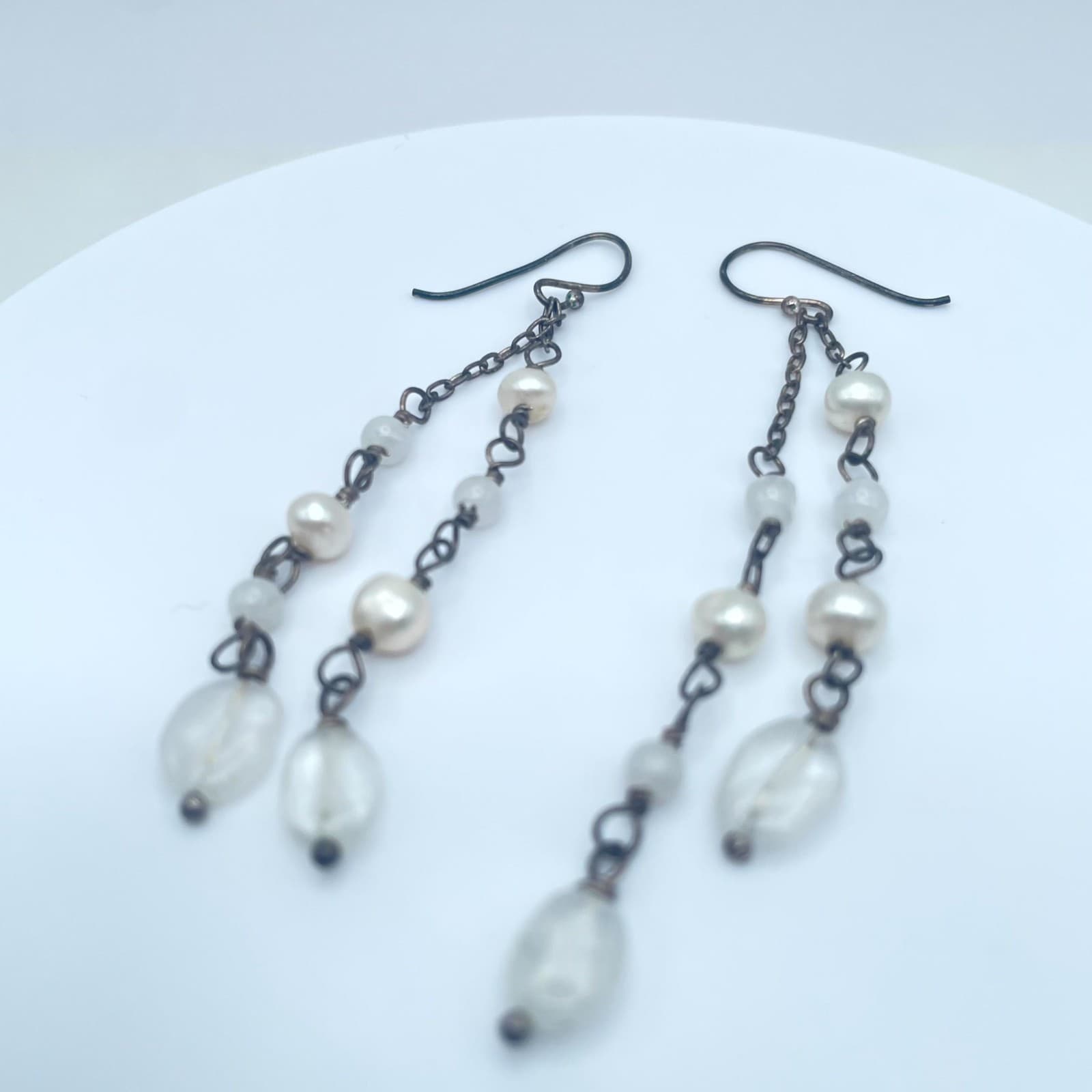 Bronze-Tone Handmade Faceted Glass Beads Mother Of Pearl Linear Dangle Earrings - Thumbnail 3