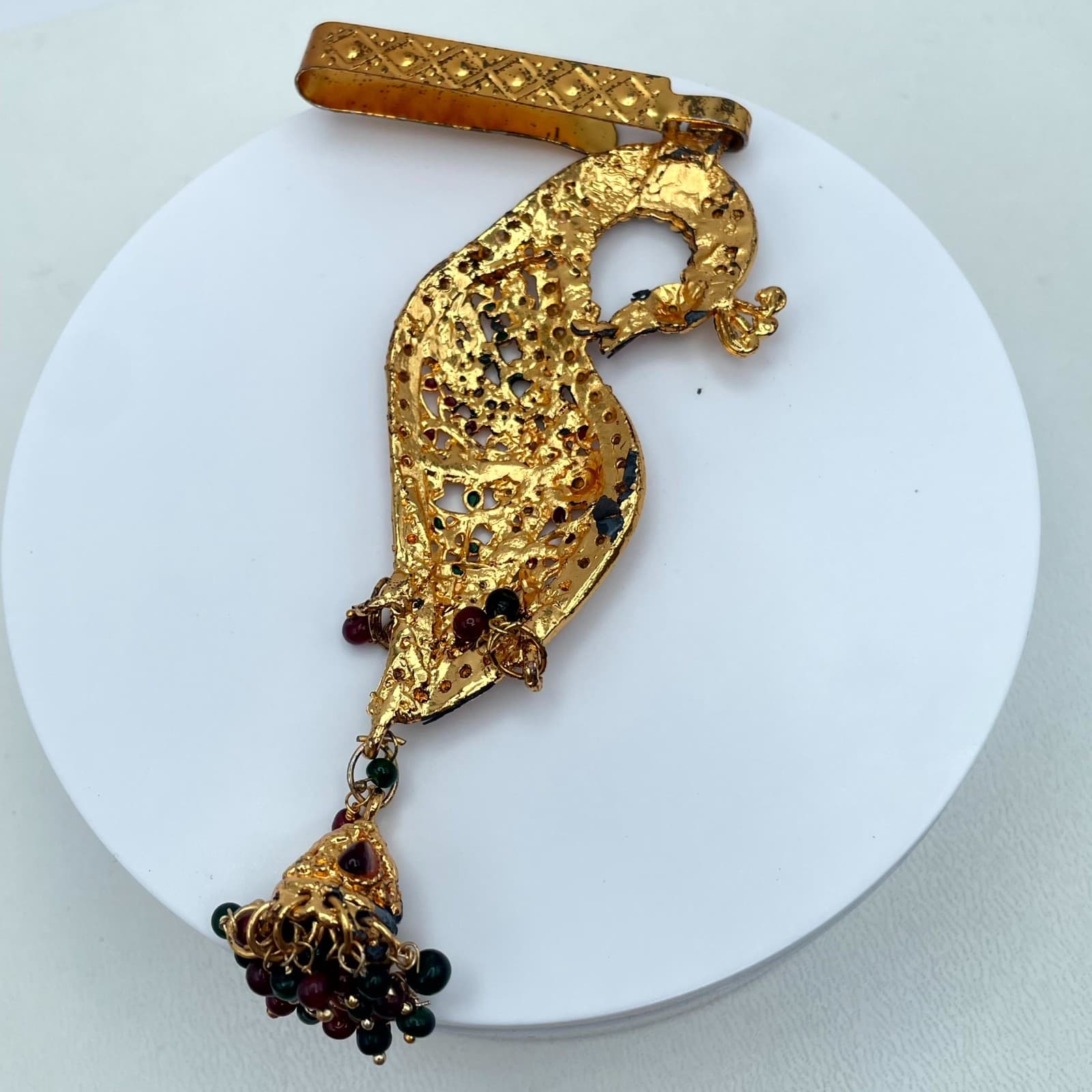 Gold-Tone Classic Fashion Rhinestone Embellished Peacock Saree Tassel Brooch Pin - Thumbnail 2