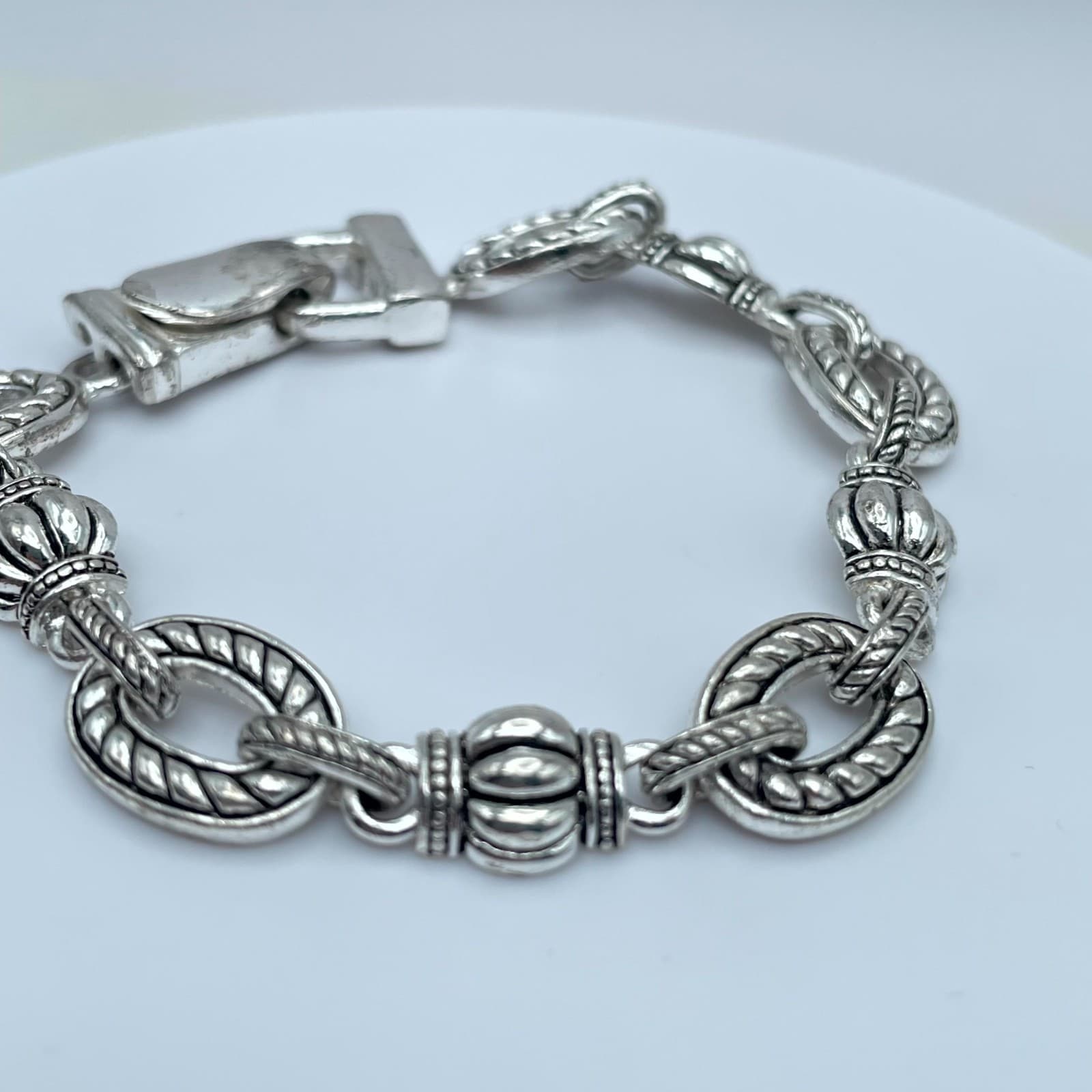 Byzantine Inspired Silver-Tone Engraved Twisted Rope Oval Link Station Bracelet - Image 1