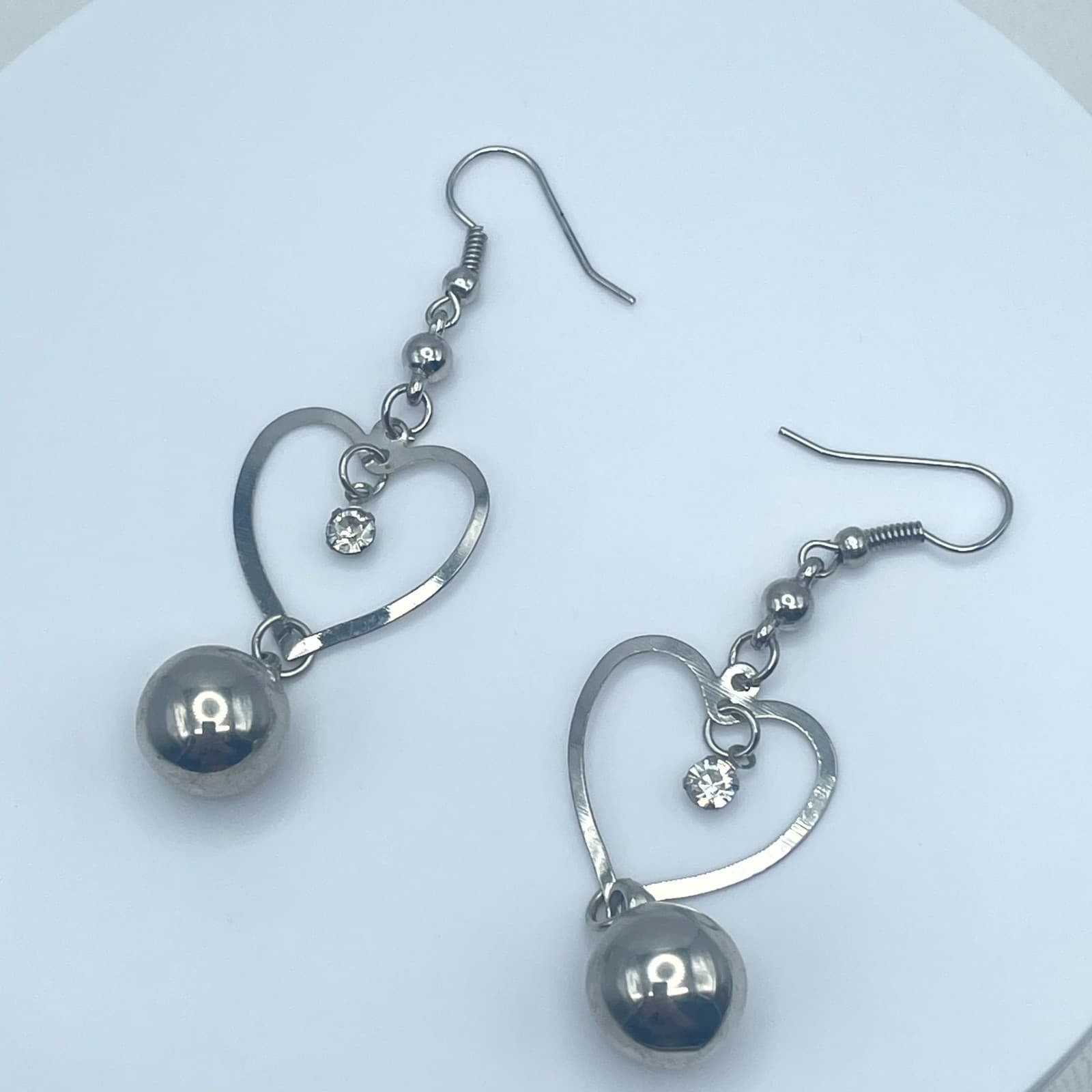 Silver-Tone Faceted Glass Bead Metal Heart-Shaped Dangle Ball Drops Hook Earring - Thumbnail 13