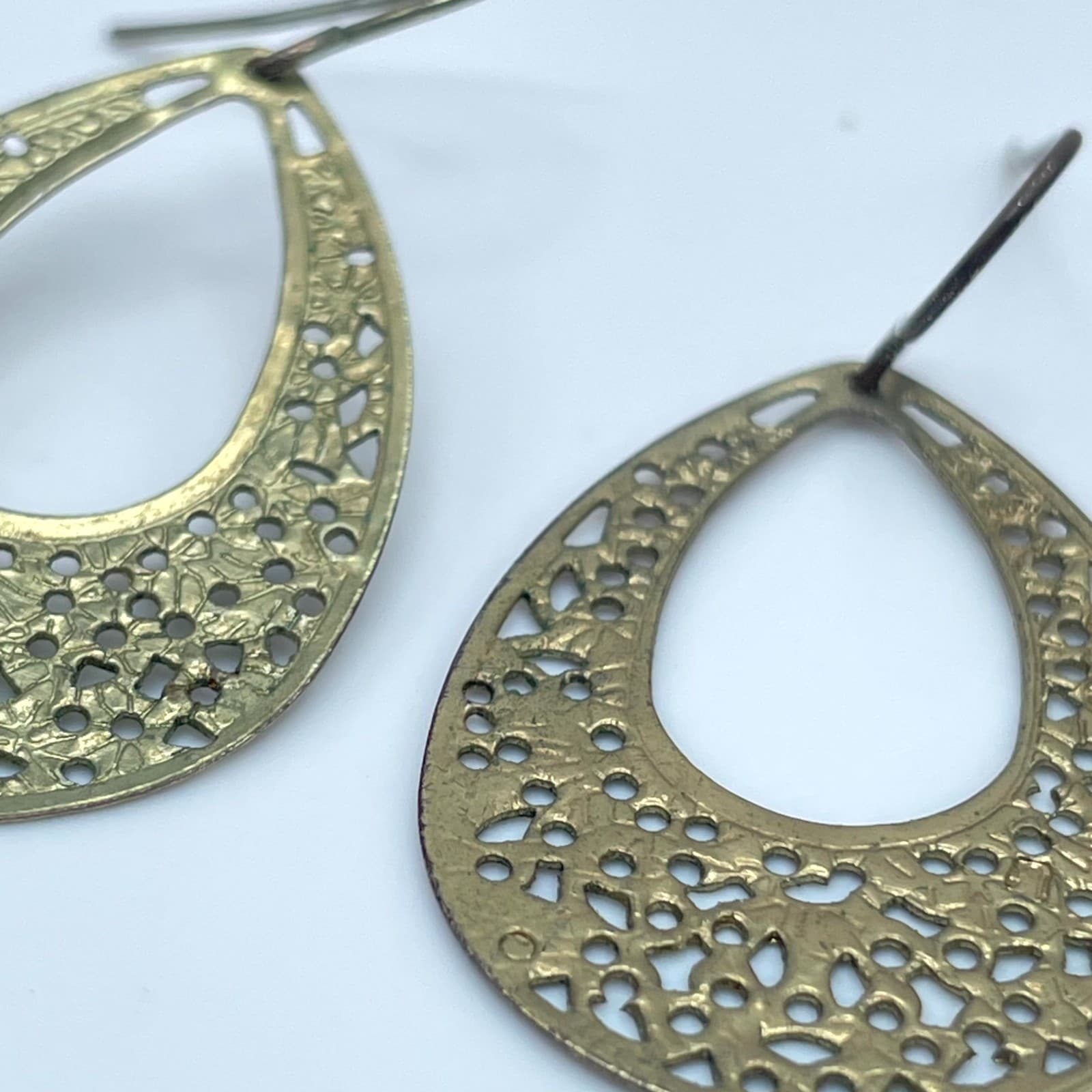 Gold-Tone Bohemian Floral Cutout Filigree Teardrop Dangle French Hook Earrings - Thumbnail 7