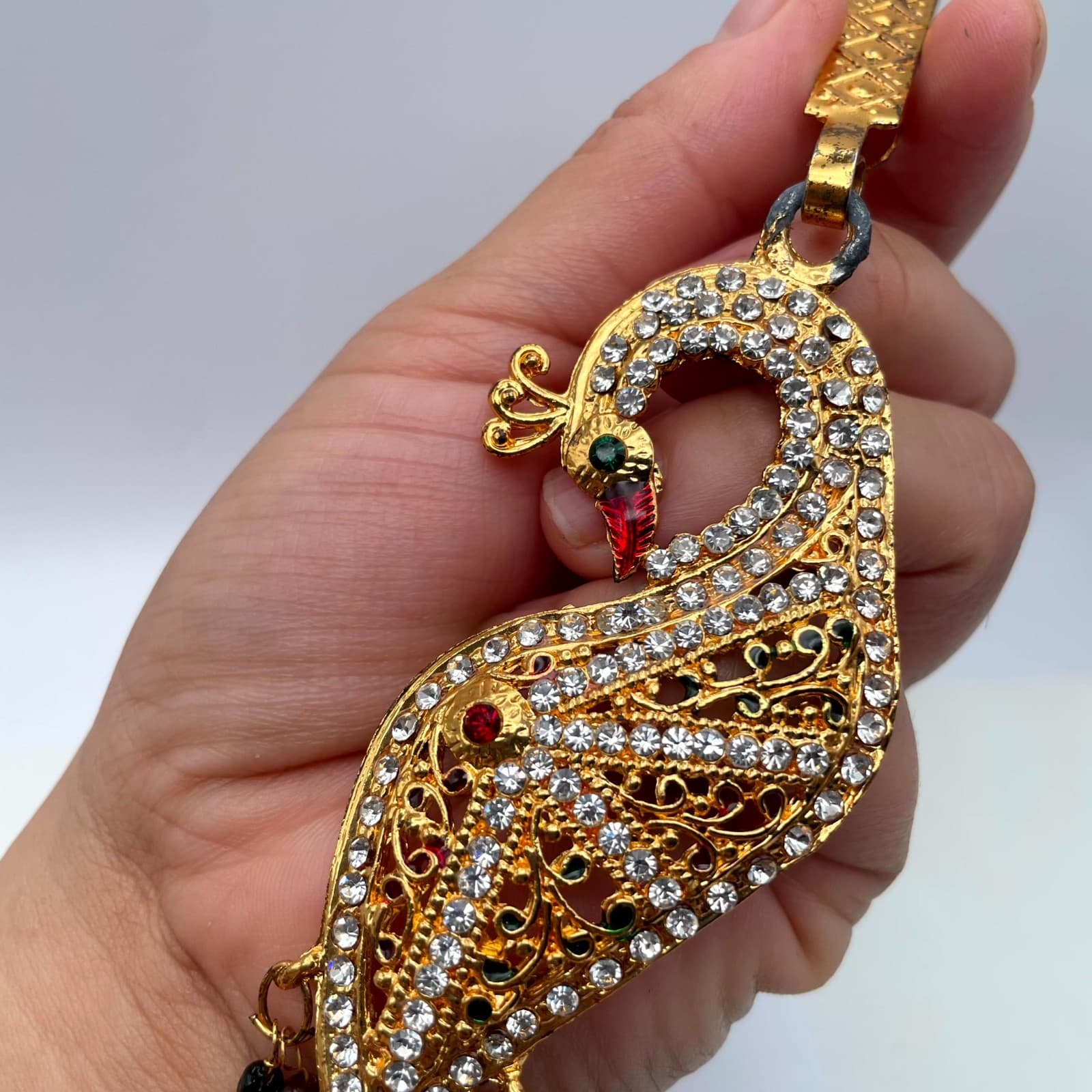Gold-Tone Classic Fashion Rhinestone Embellished Peacock Saree Tassel Brooch Pin - Thumbnail 14