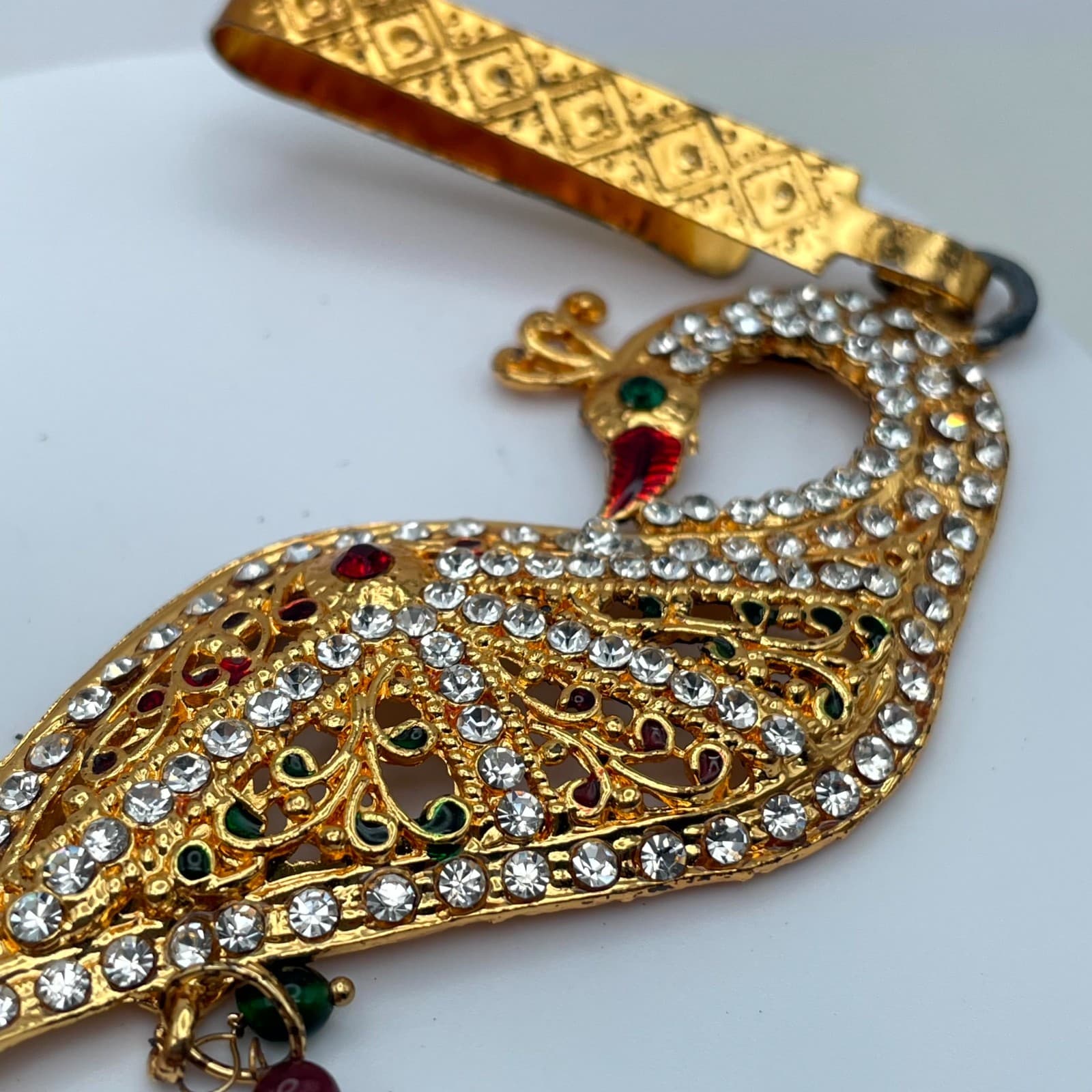 Gold-Tone Classic Fashion Rhinestone Embellished Peacock Saree Tassel Brooch Pin - Thumbnail 7