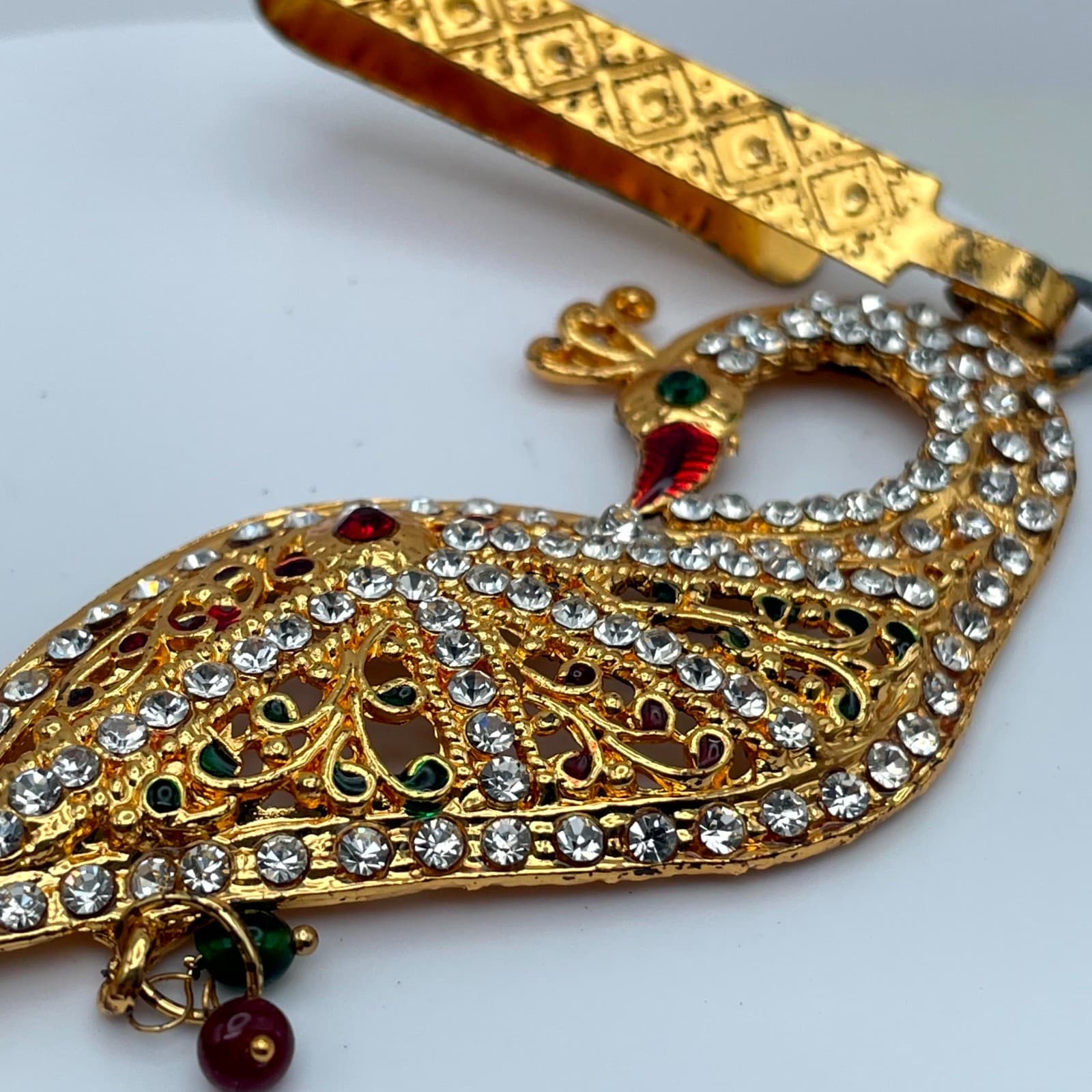 Gold-Tone Classic Fashion Rhinestone Embellished Peacock Saree Tassel Brooch Pin - Thumbnail 9