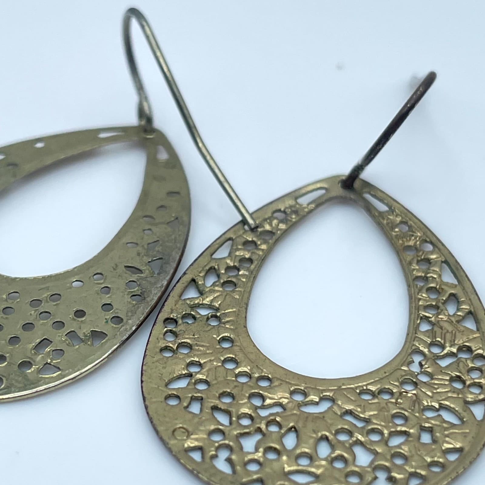 Gold-Tone Bohemian Floral Cutout Filigree Teardrop Dangle French Hook Earrings - Thumbnail 8