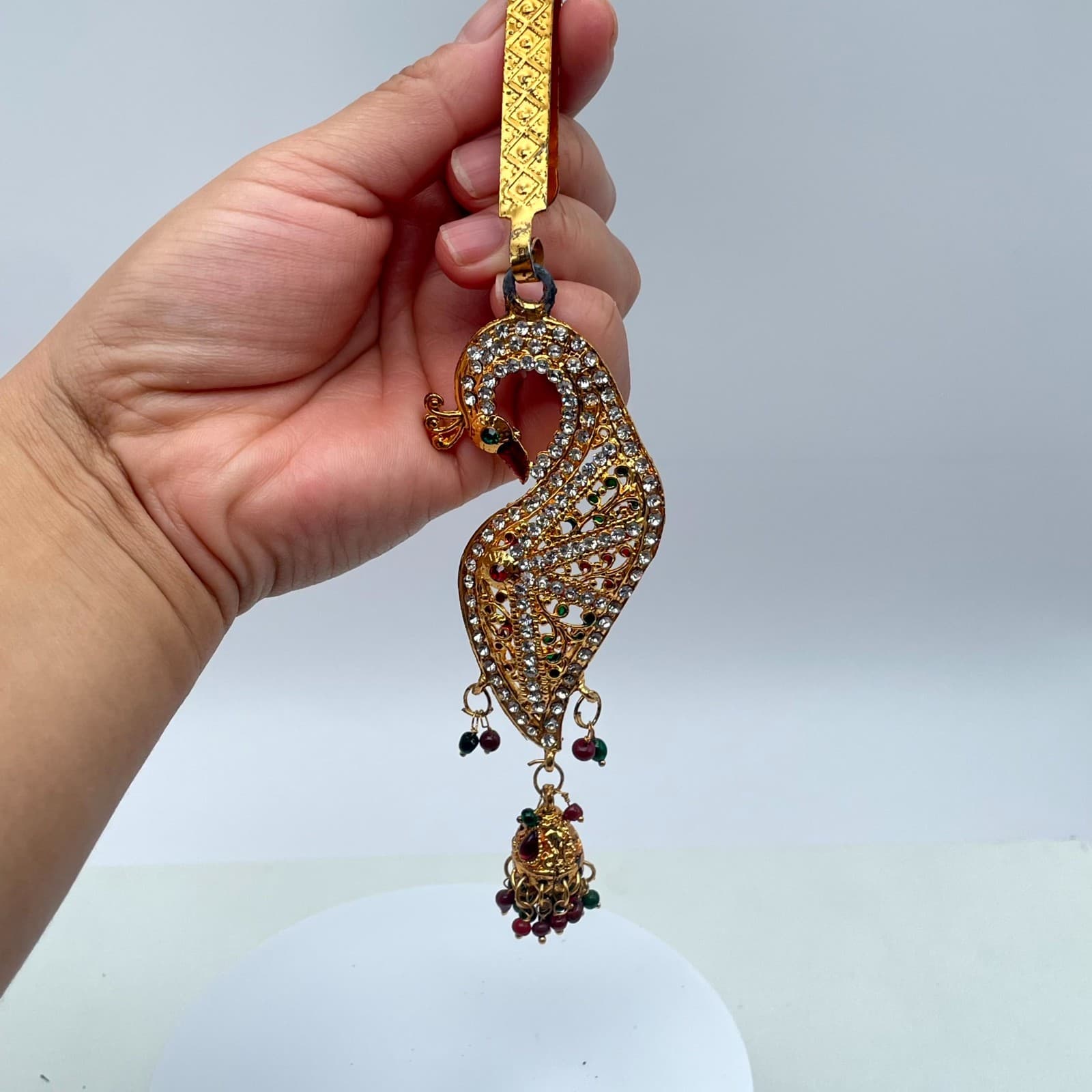 Gold-Tone Classic Fashion Rhinestone Embellished Peacock Saree Tassel Brooch Pin - Thumbnail 11