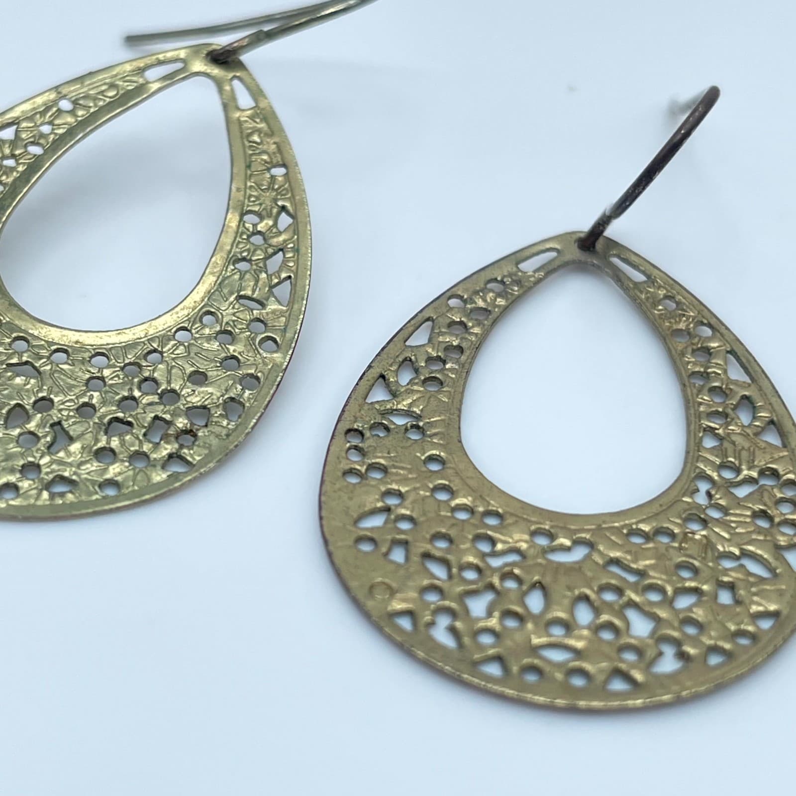 Gold-Tone Bohemian Floral Cutout Filigree Teardrop Dangle French Hook Earrings - Thumbnail 6