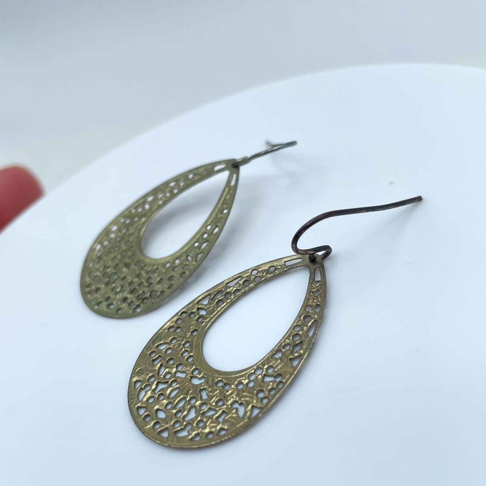 Gold-Tone Bohemian Floral Cutout Filigree Teardrop Dangle French Hook Earrings - Thumbnail 5