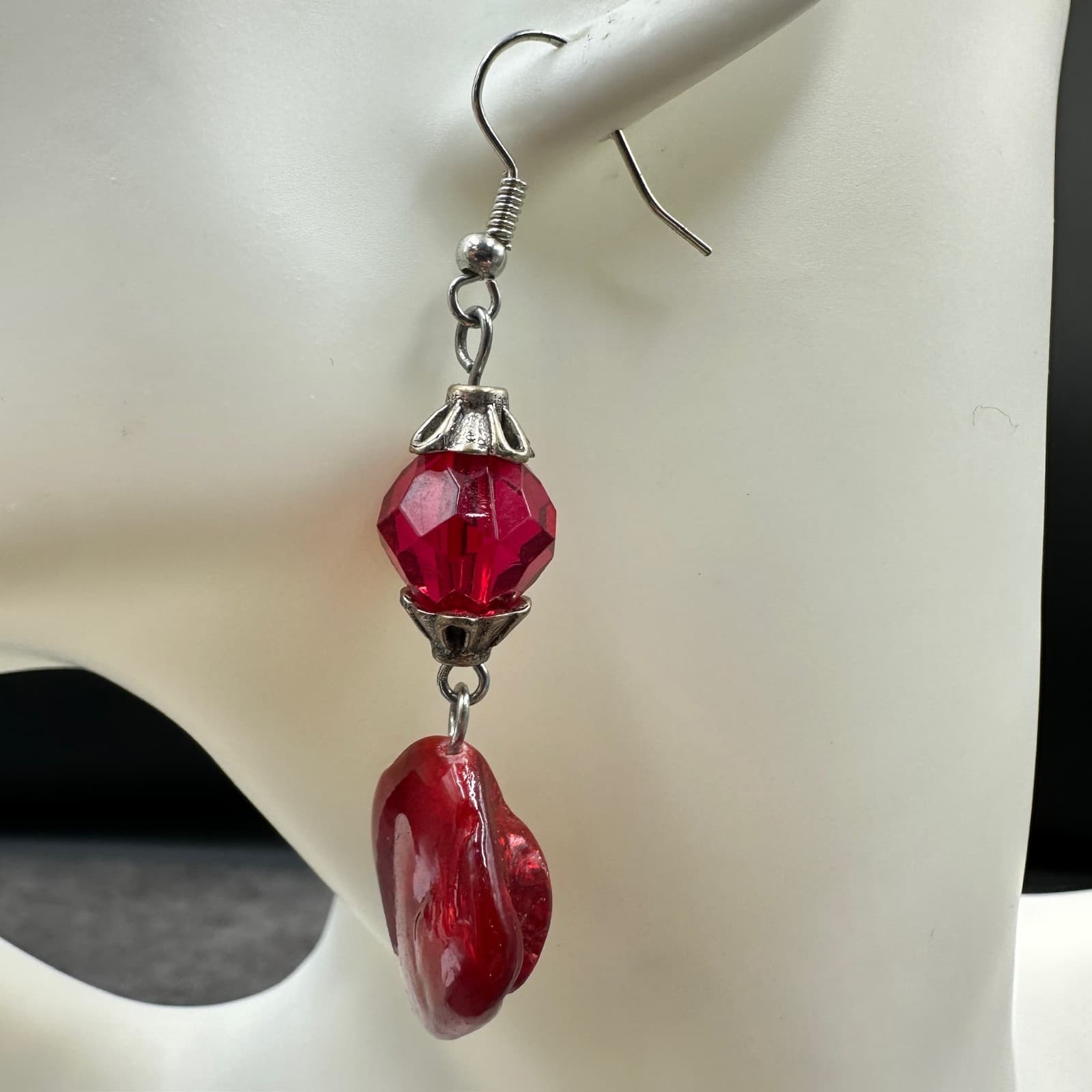 Coronet Vintage Red Bead & Faceted Crystal Silver-Tone Statement Dangle Earrings - Thumbnail 4