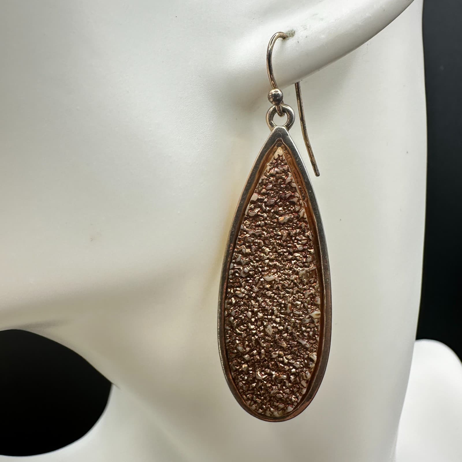 VTG Teardrop Dangle Earrings Rose Gold Drusy Silver Tone Metal Hook Drop Fashion - Thumbnail 4
