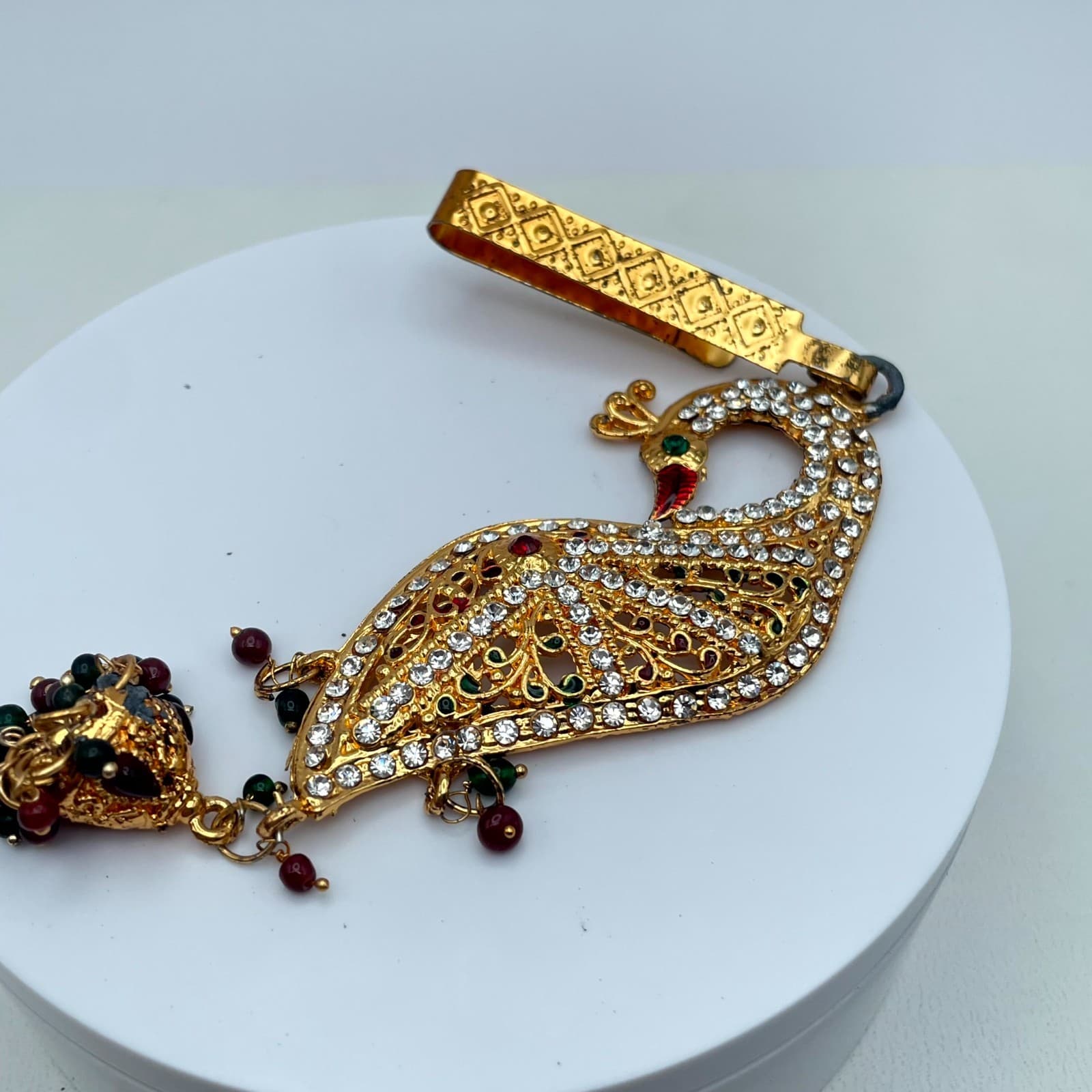 Gold-Tone Classic Fashion Rhinestone Embellished Peacock Saree Tassel Brooch Pin - Thumbnail 5