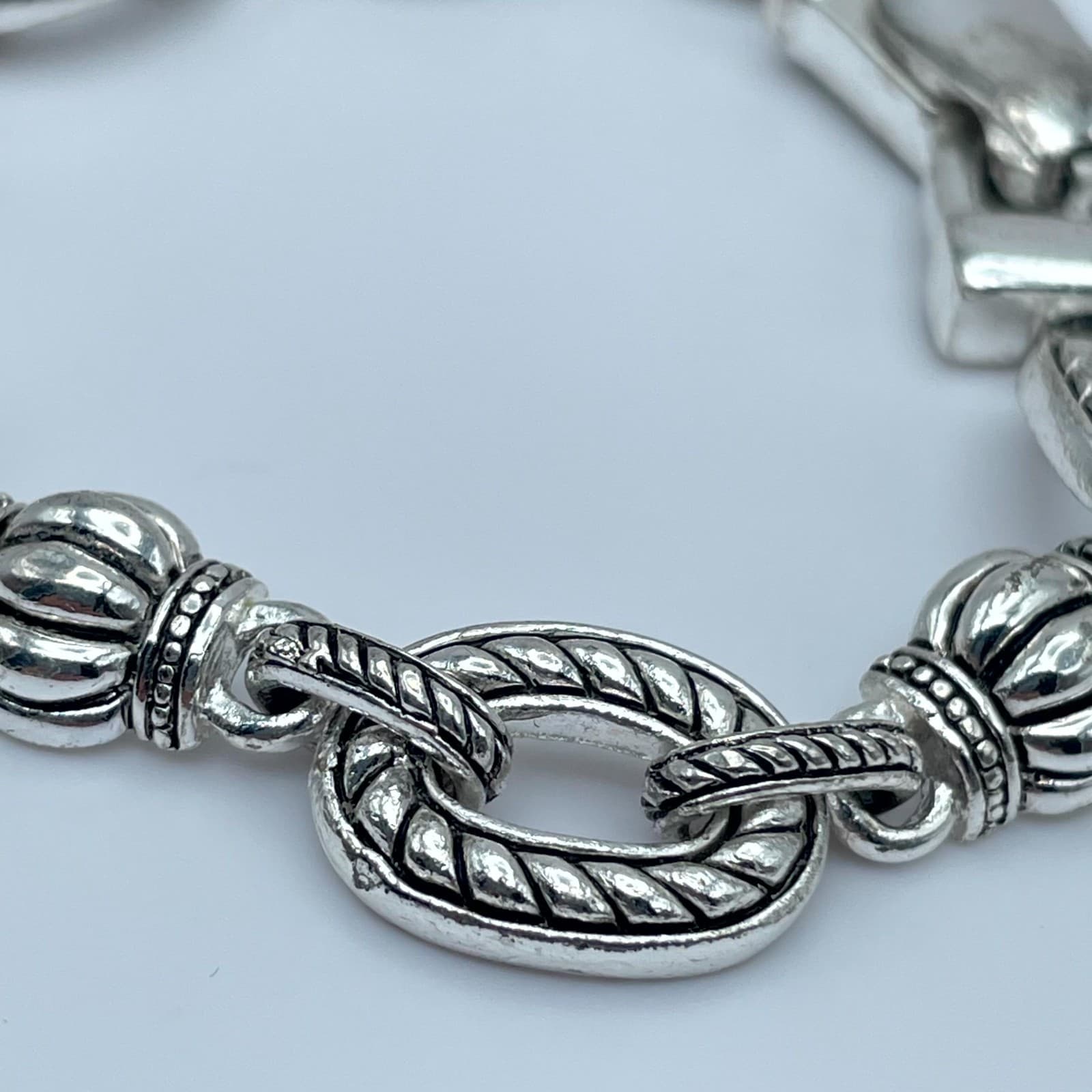 Byzantine Inspired Silver-Tone Engraved Twisted Rope Oval Link Station Bracelet - Thumbnail 7