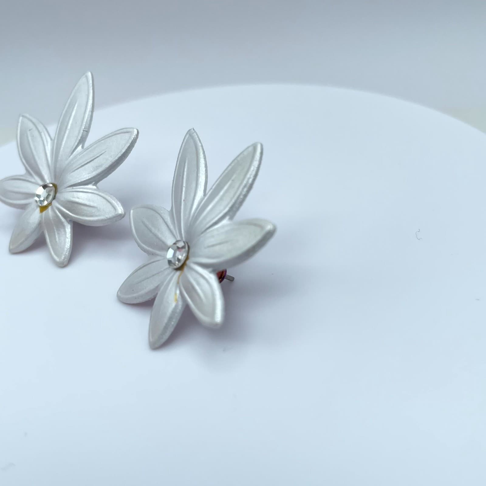Silver-Tone White Faceted Glass Center Botanical Flower-Shaped Stud Earrings - Thumbnail 7