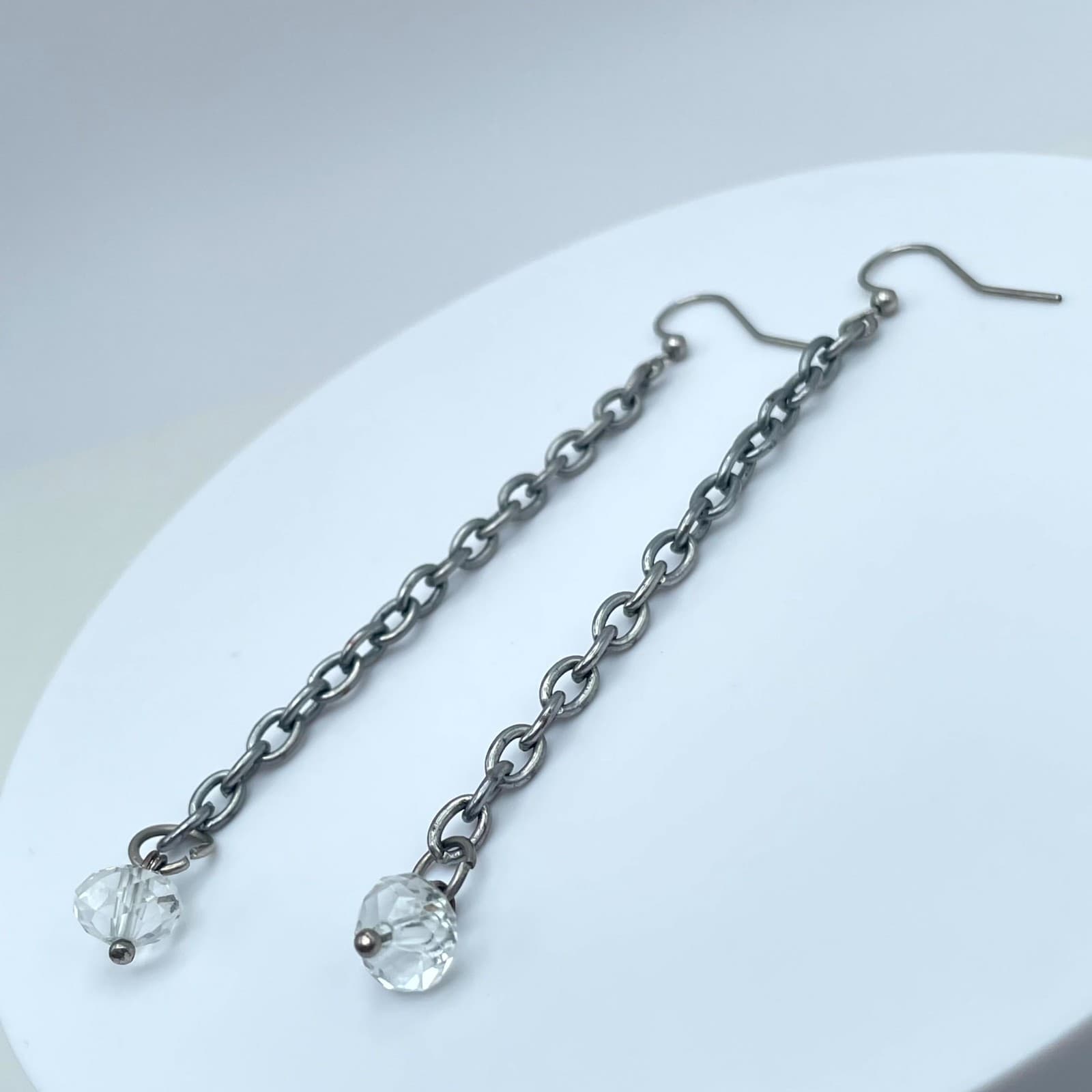 Classic Silver-Tone Oval Chain Faceted Glass Beads Dangle French Hook Earrings - Thumbnail 7