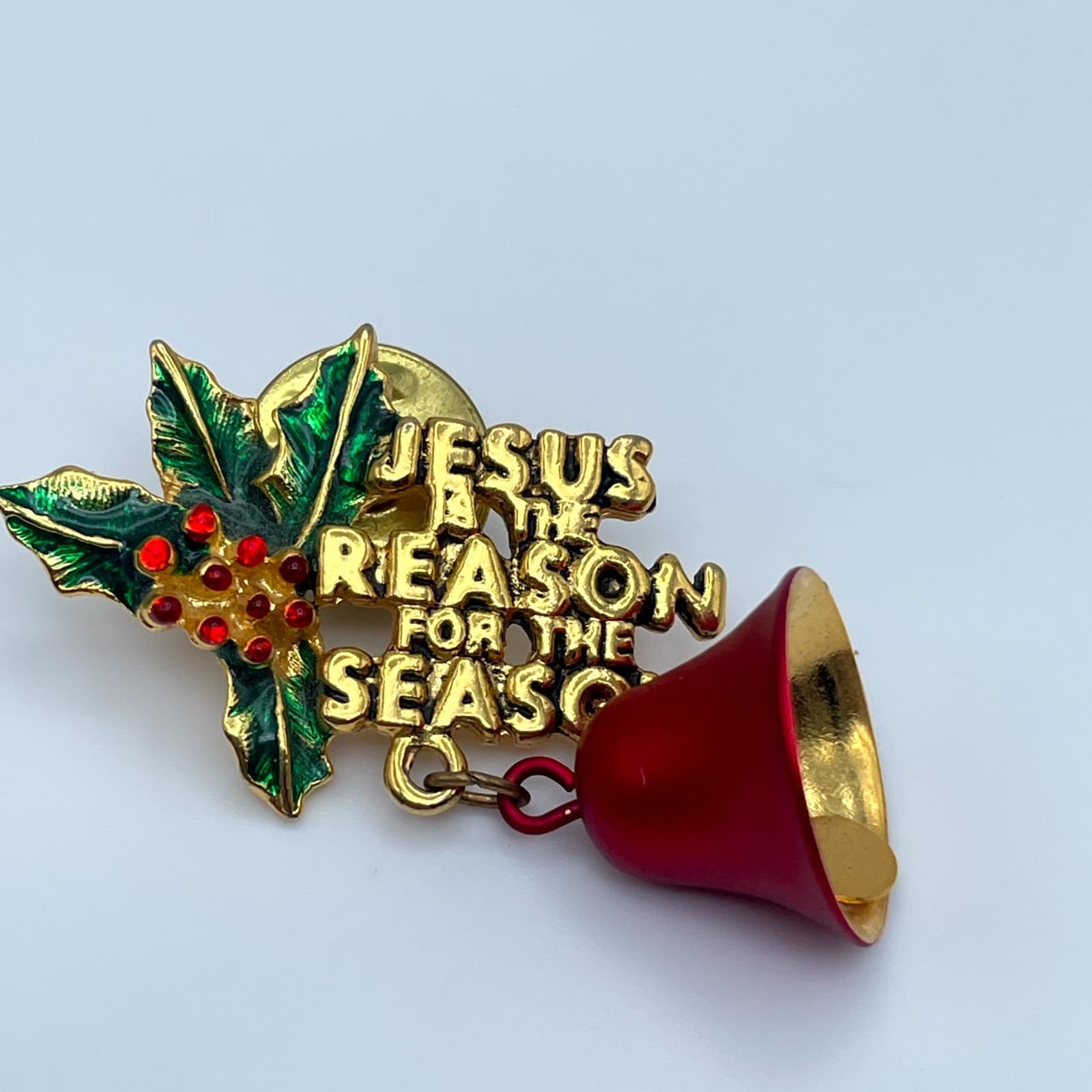 VTG Gold-Tone Holly Leaves Red Bell "Jesus is the Reason for the Season" Brooch - Image 1