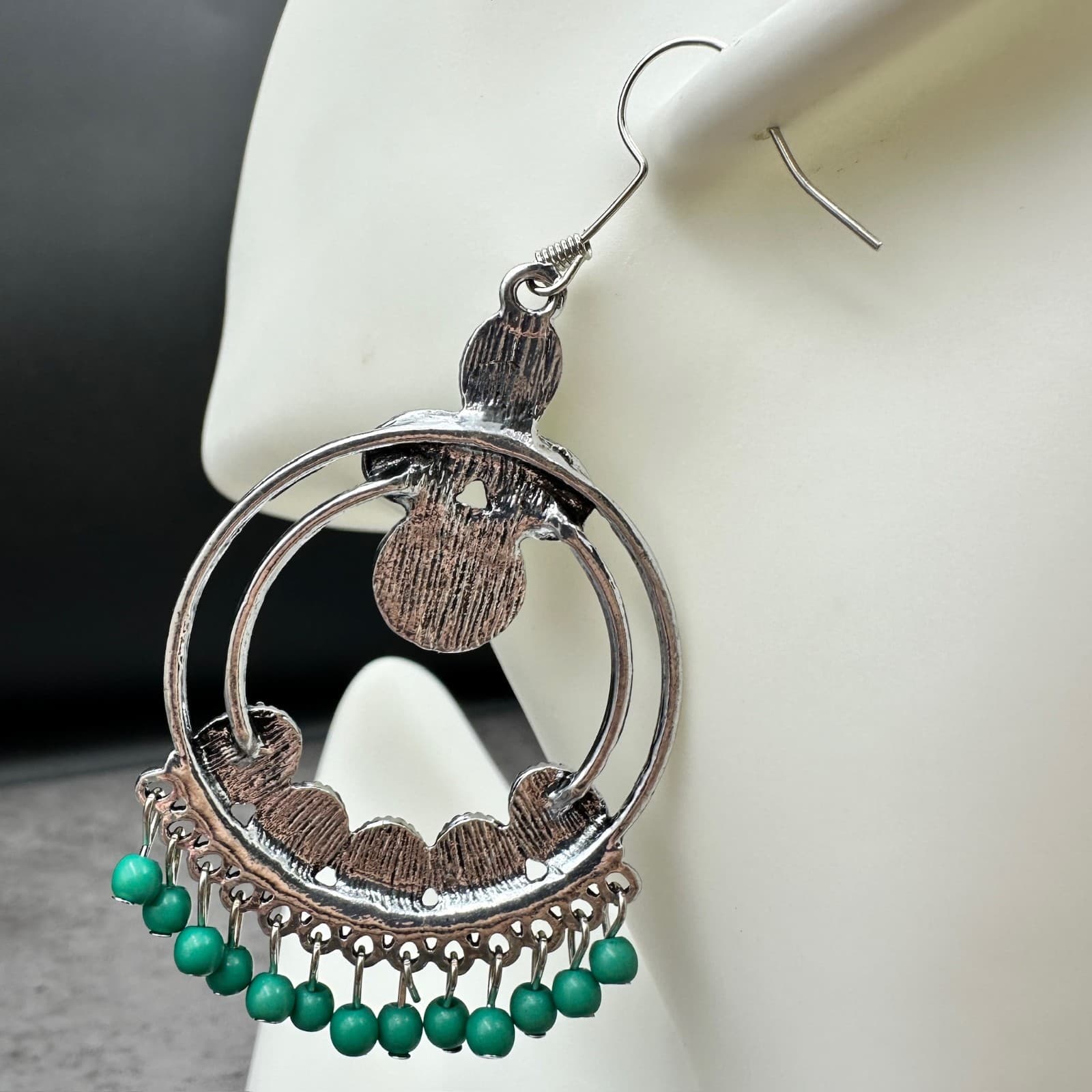 Paparazzi Green Oval & Bead Fringe Silver-Tone Boho Statement Earrings - Thumbnail 7