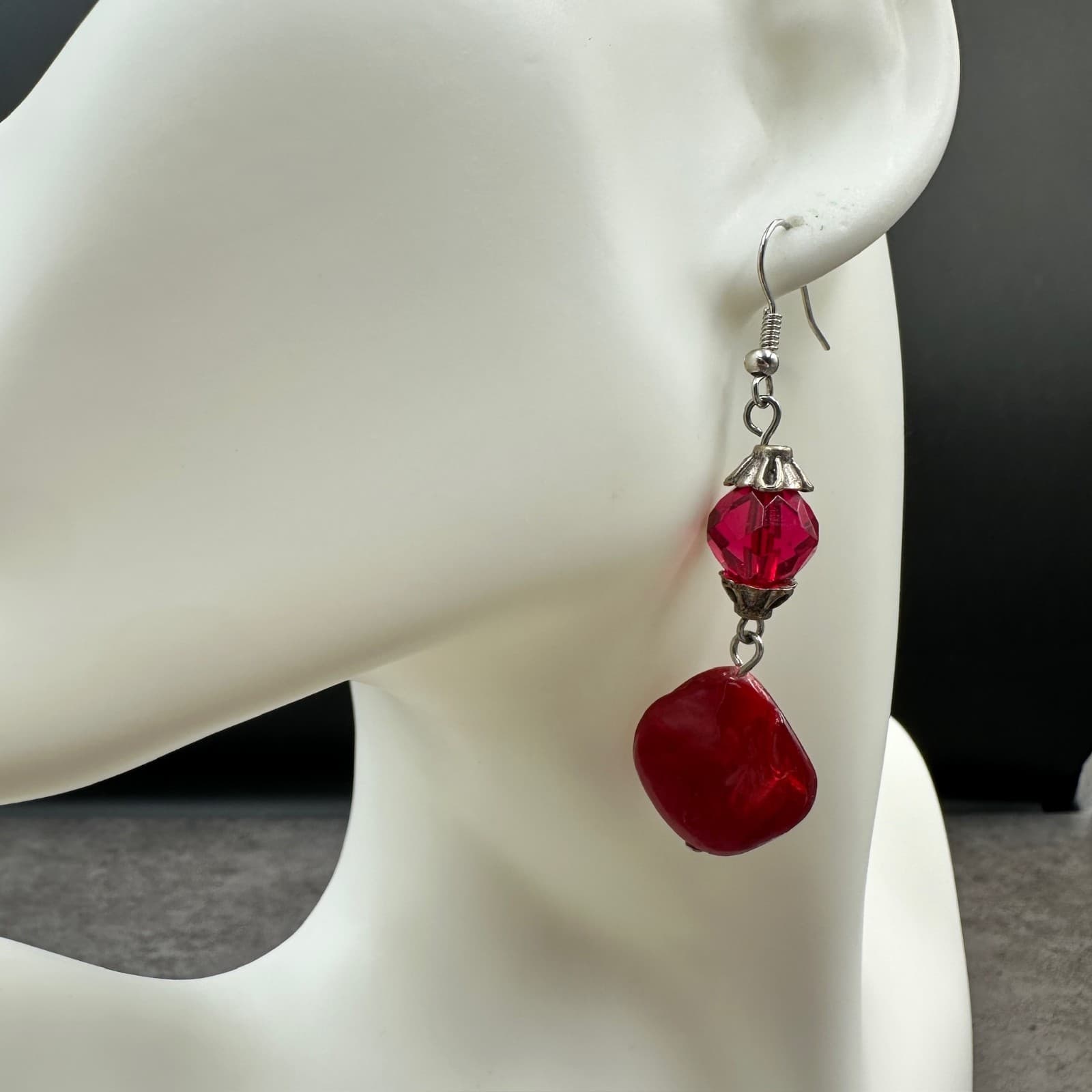 Coronet Vintage Red Bead & Faceted Crystal Silver-Tone Statement Dangle Earrings - Thumbnail 2