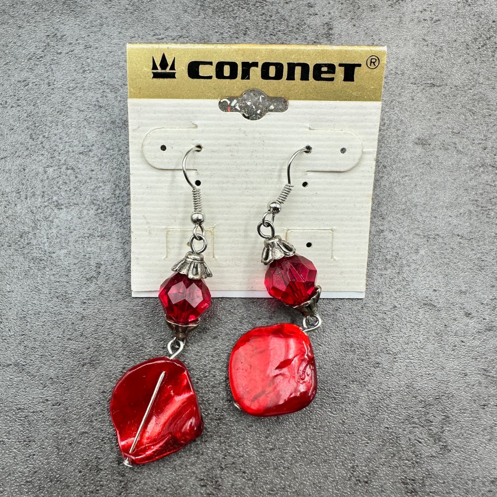 Coronet Vintage Red Bead & Faceted Crystal Silver-Tone Statement Dangle Earrings - Image 1