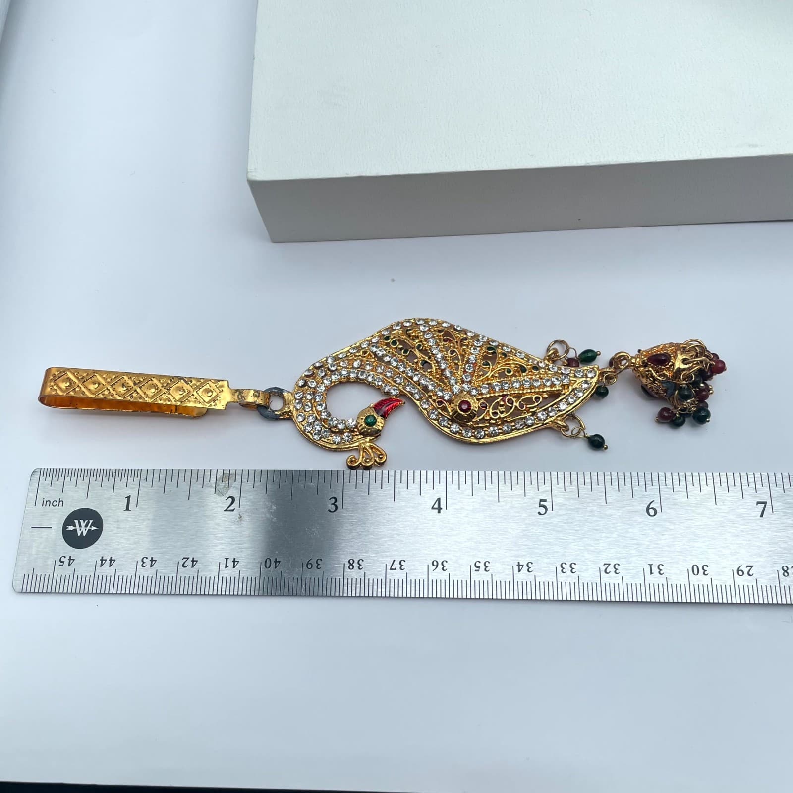 Gold-Tone Classic Fashion Rhinestone Embellished Peacock Saree Tassel Brooch Pin - Thumbnail 15