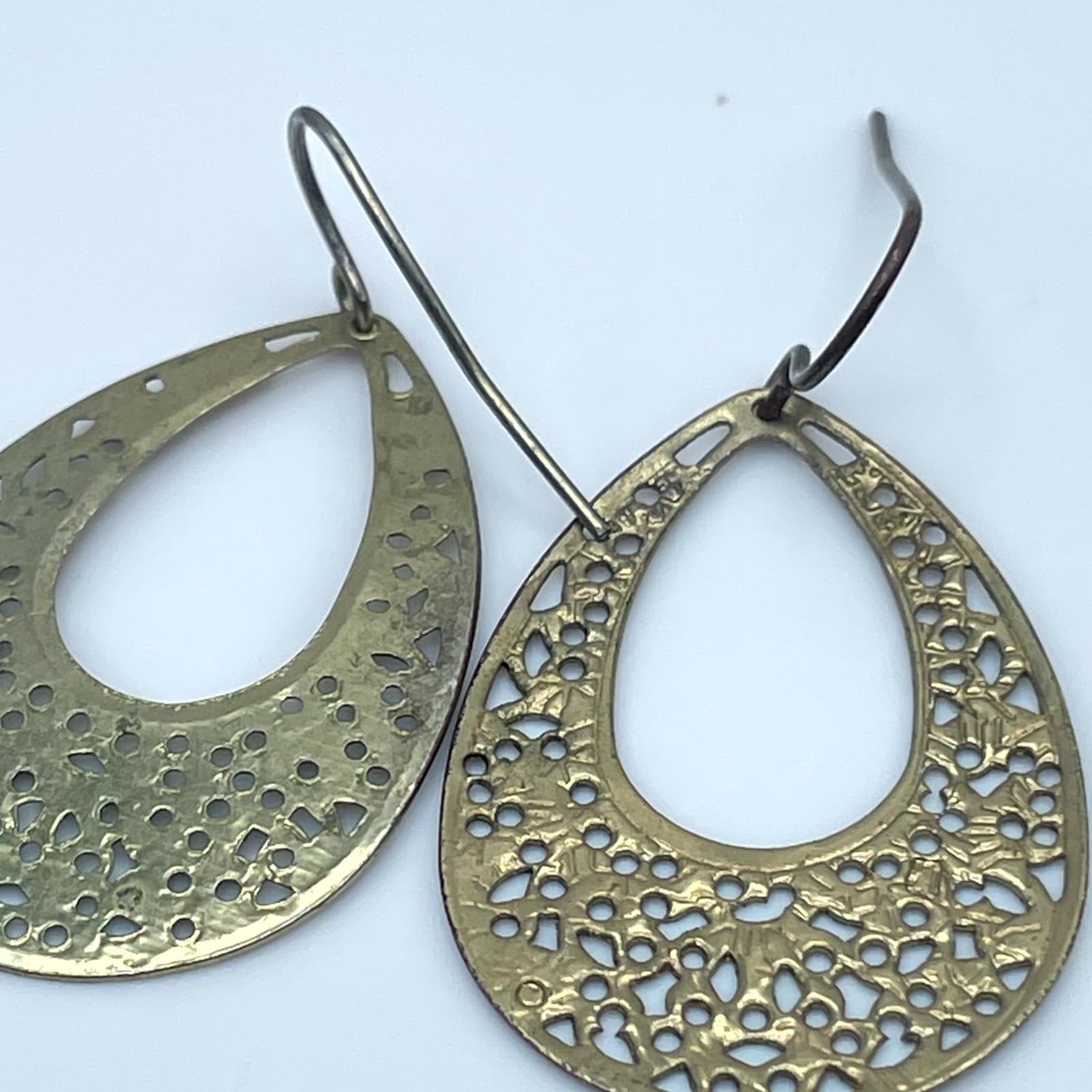 Gold-Tone Bohemian Floral Cutout Filigree Teardrop Dangle French Hook Earrings - Thumbnail 9