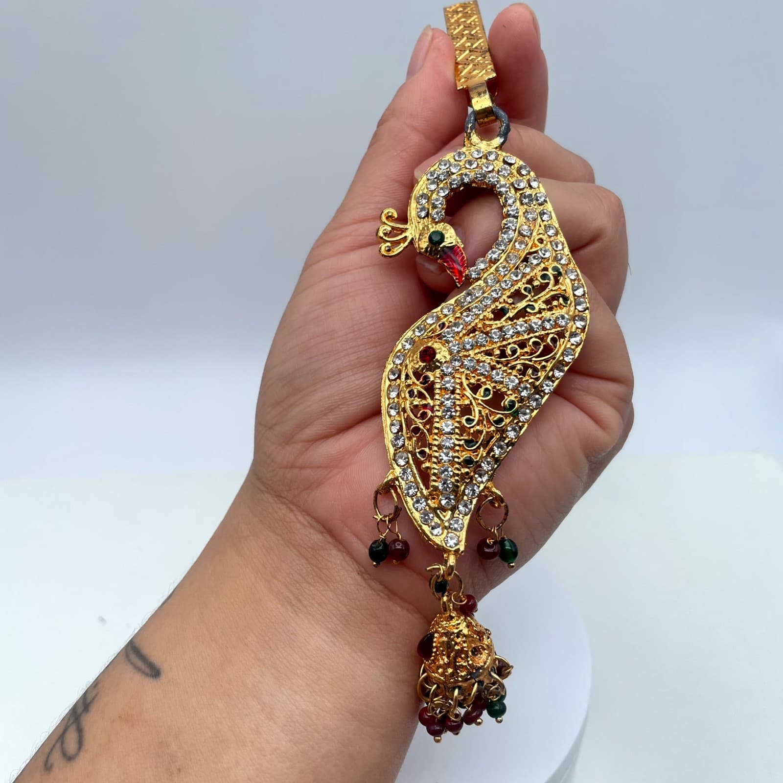 Gold-Tone Classic Fashion Rhinestone Embellished Peacock Saree Tassel Brooch Pin - Thumbnail 12