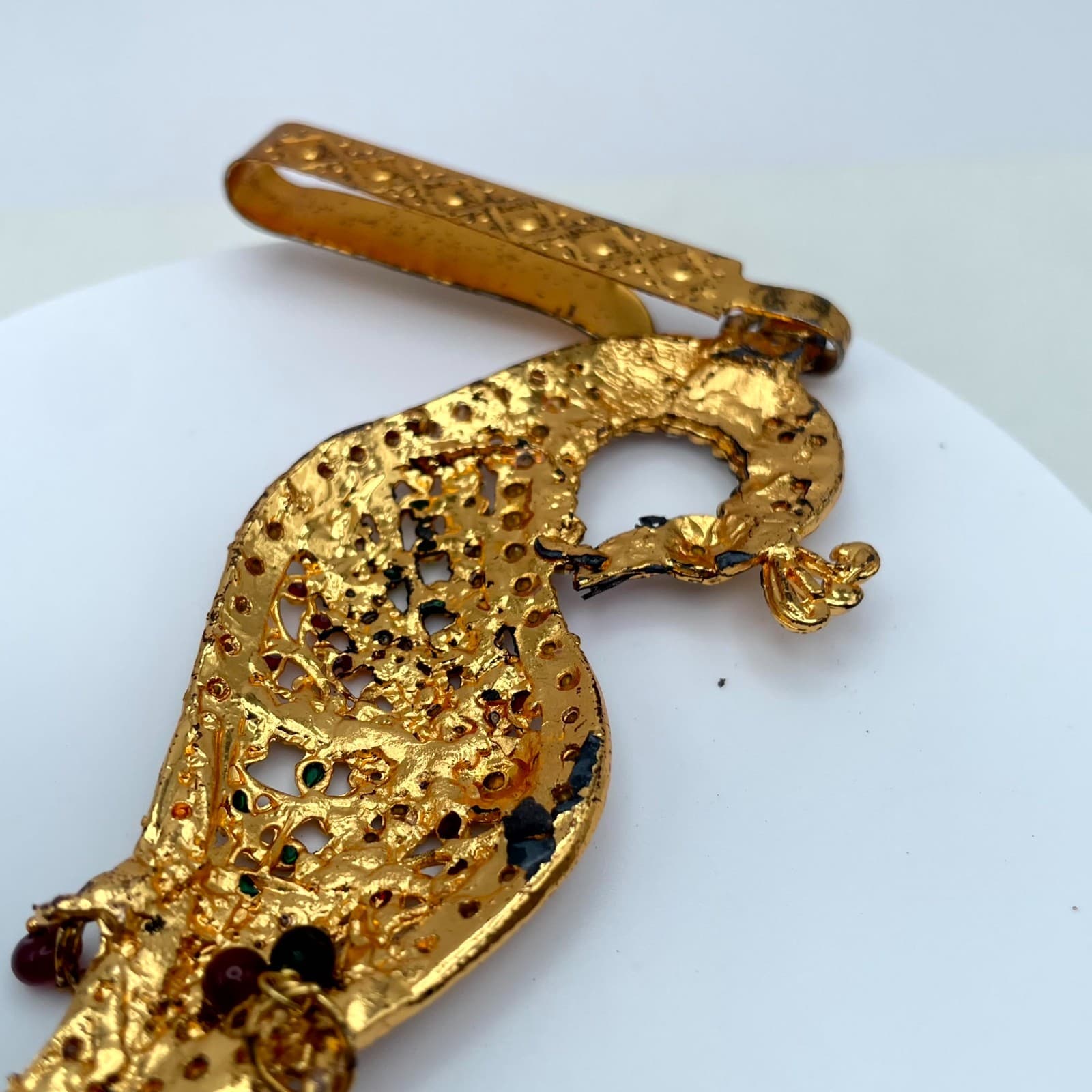 Gold-Tone Classic Fashion Rhinestone Embellished Peacock Saree Tassel Brooch Pin - Thumbnail 4