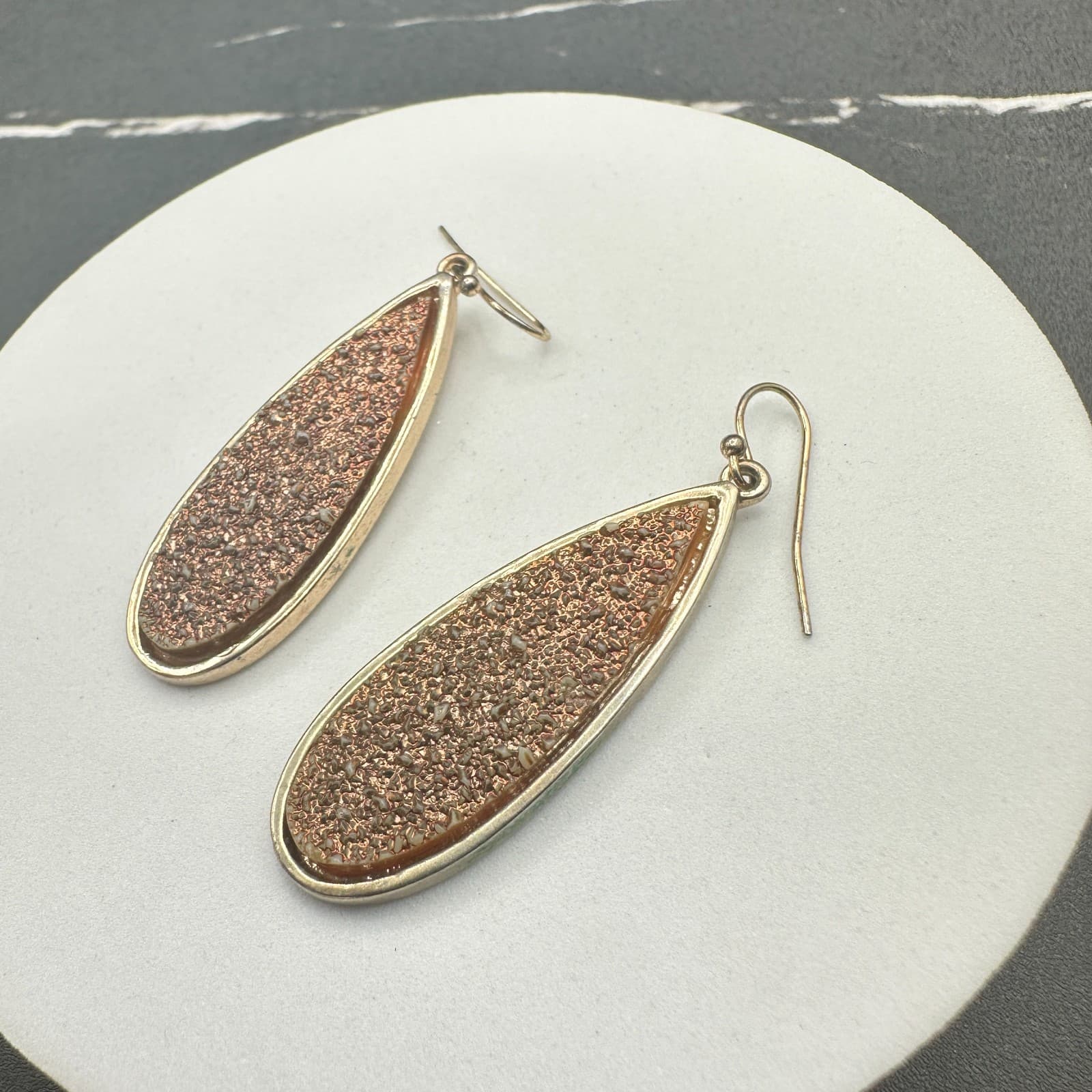 VTG Teardrop Dangle Earrings Rose Gold Drusy Silver Tone Metal Hook Drop Fashion - Thumbnail 10