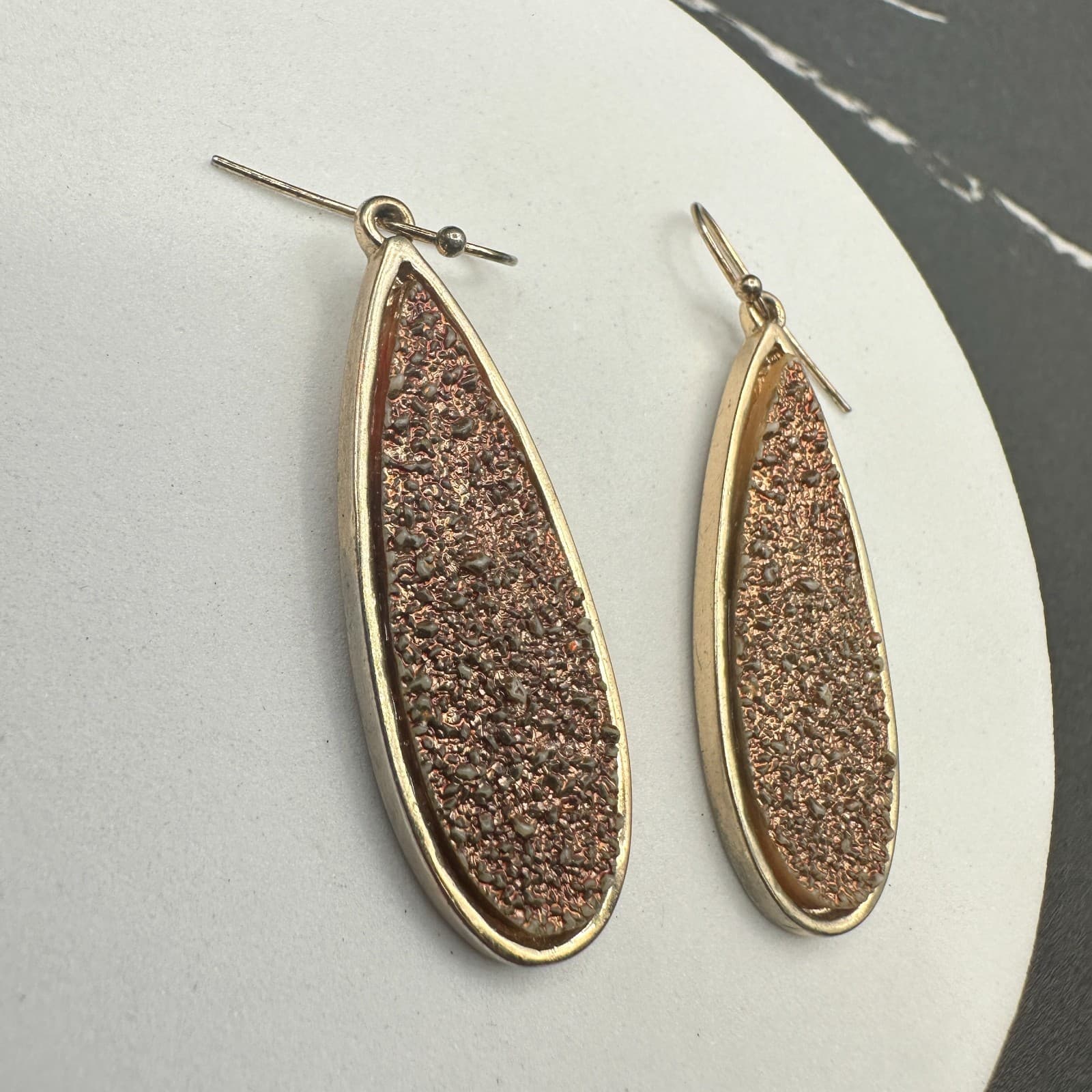 VTG Teardrop Dangle Earrings Rose Gold Drusy Silver Tone Metal Hook Drop Fashion - Thumbnail 9