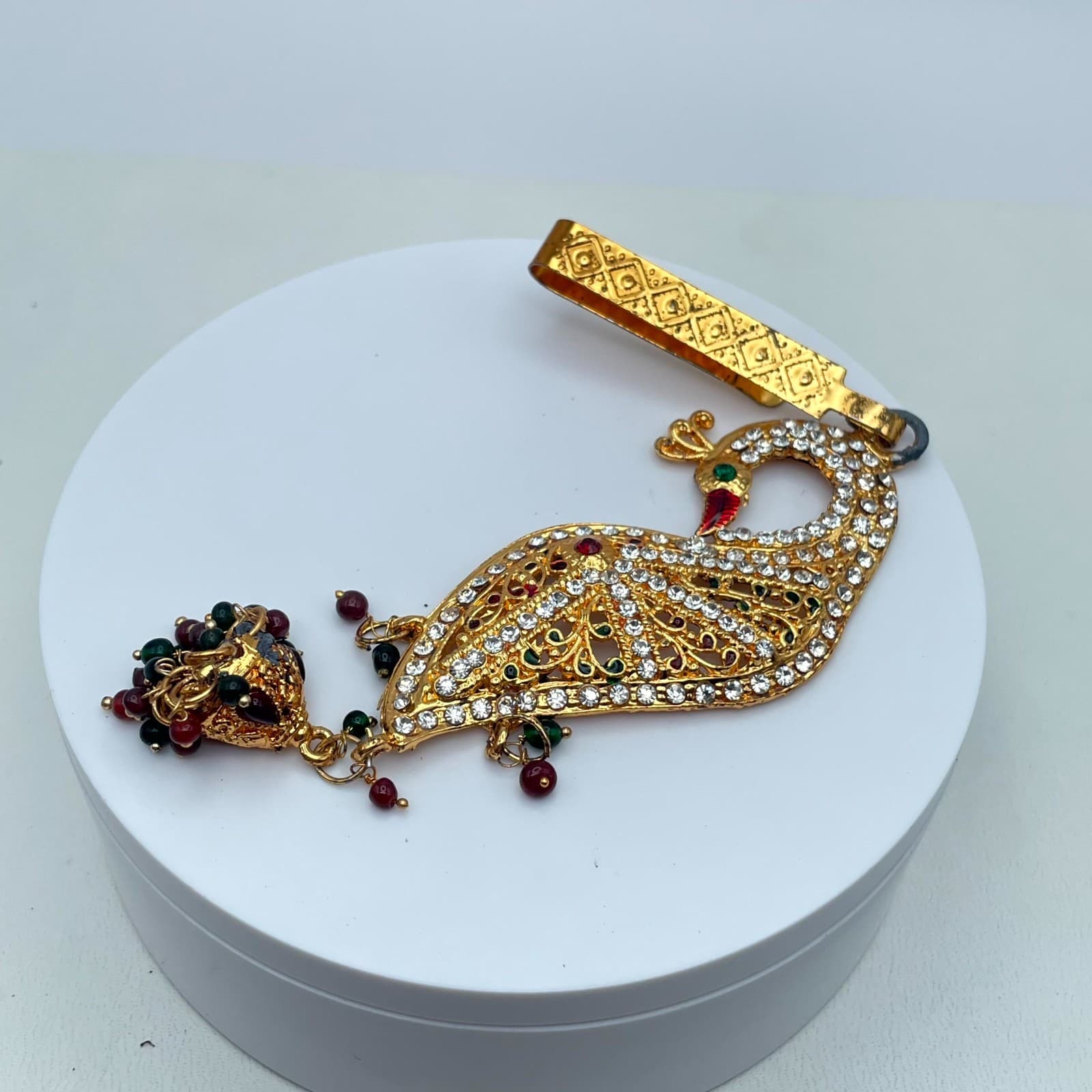 Gold-Tone Classic Fashion Rhinestone Embellished Peacock Saree Tassel Brooch Pin - Thumbnail 10