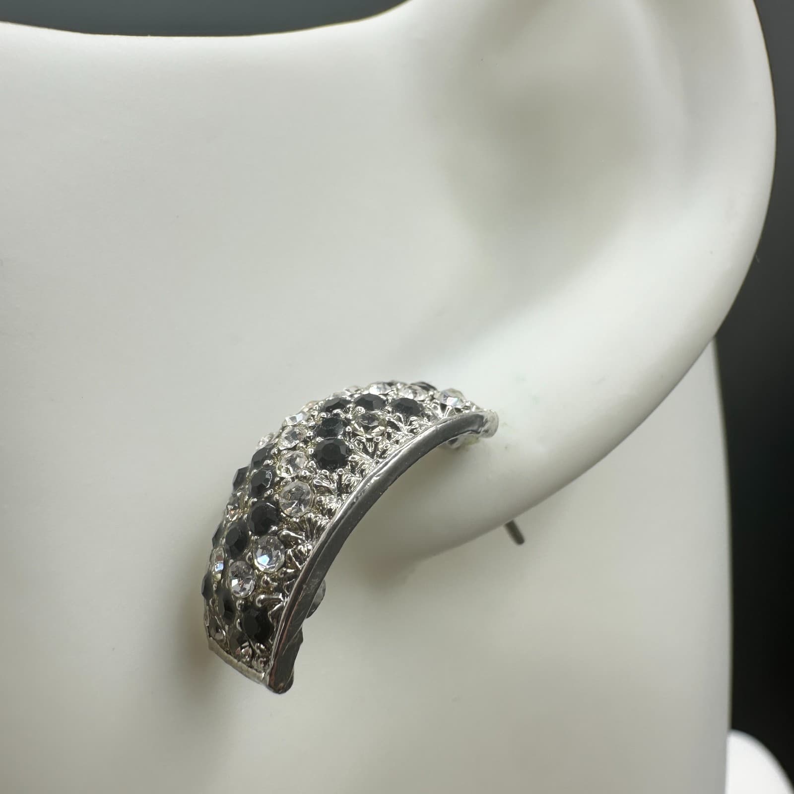 VTG Silver Tone Black Clear Rhinestone Hoop Earrings Post Classic Sparkle - Thumbnail 3