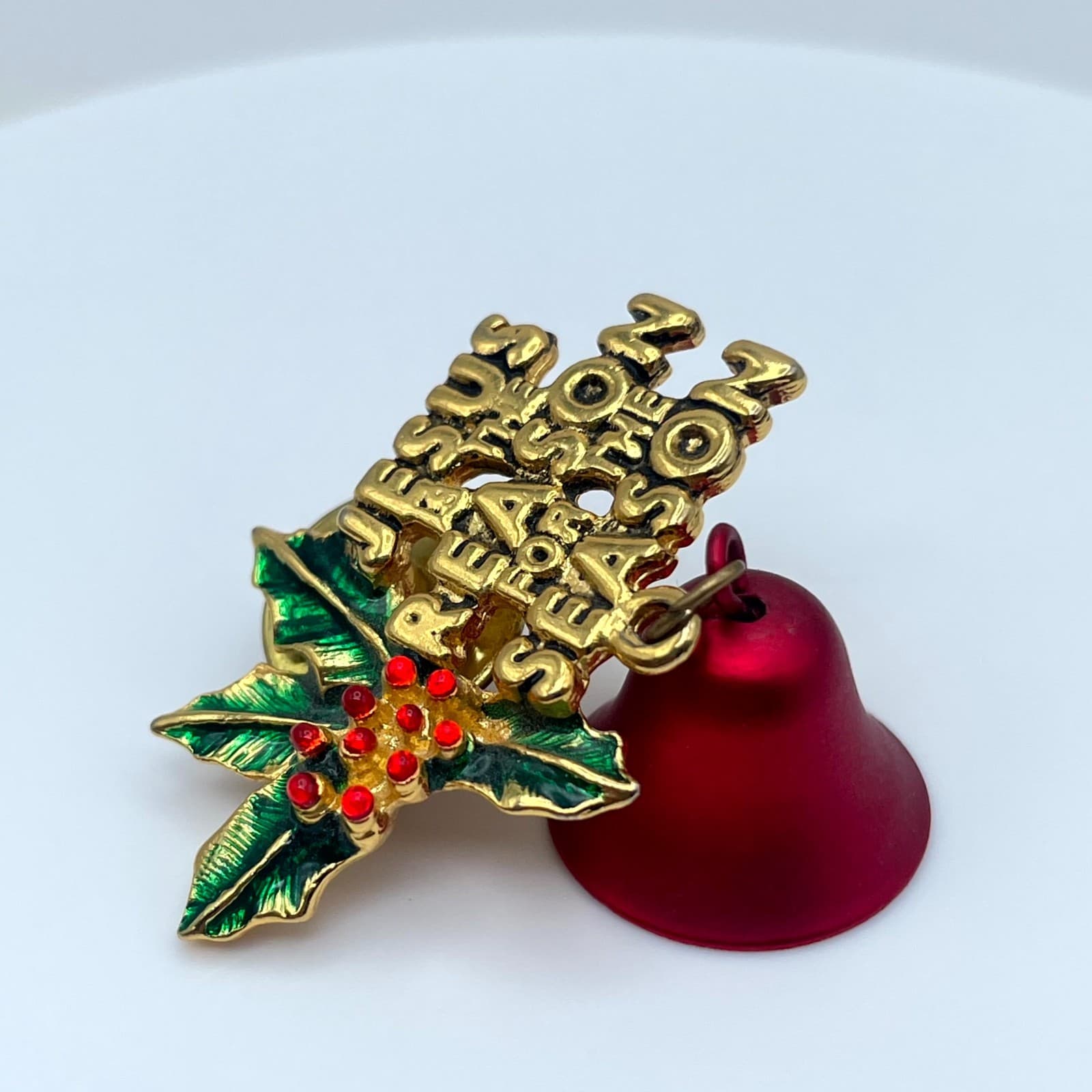 VTG Gold-Tone Holly Leaves Red Bell "Jesus is the Reason for the Season" Brooch - Thumbnail 5