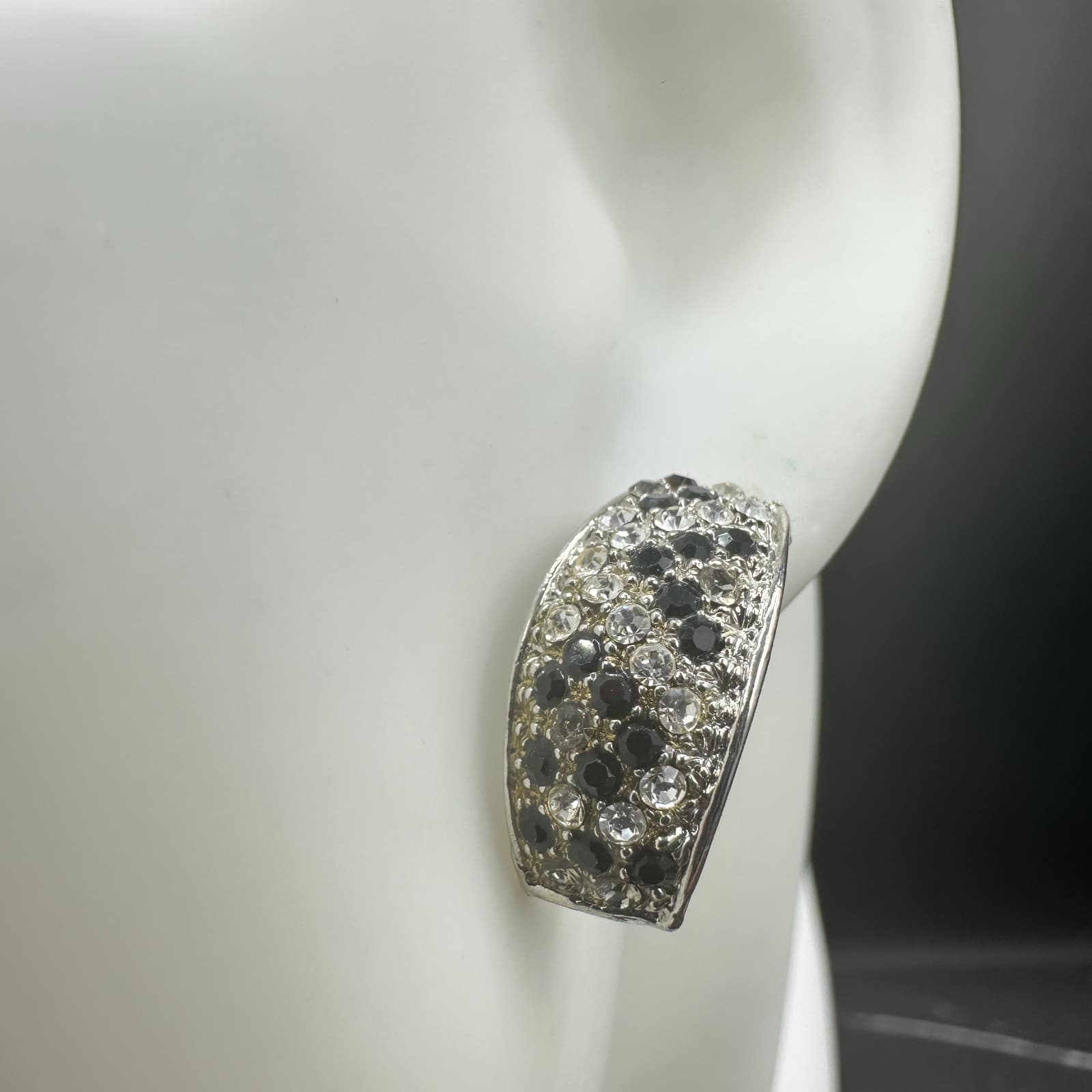 VTG Silver Tone Black Clear Rhinestone Hoop Earrings Post Classic Sparkle - Thumbnail 2