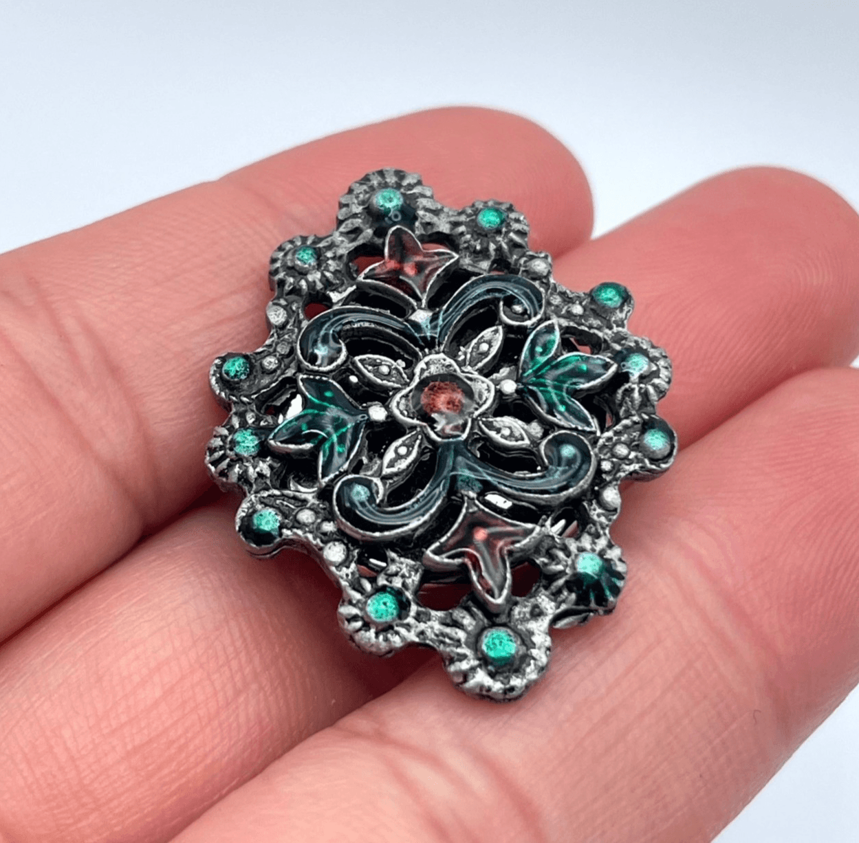 Vintage Ornate Silver-Tone Inlay Enamel Aqua Rhinestone Embellished Button Cover - Image 1