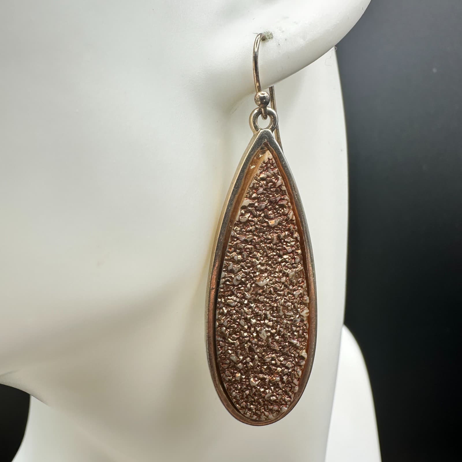 VTG Teardrop Dangle Earrings Rose Gold Drusy Silver Tone Metal Hook Drop Fashion - Thumbnail 5