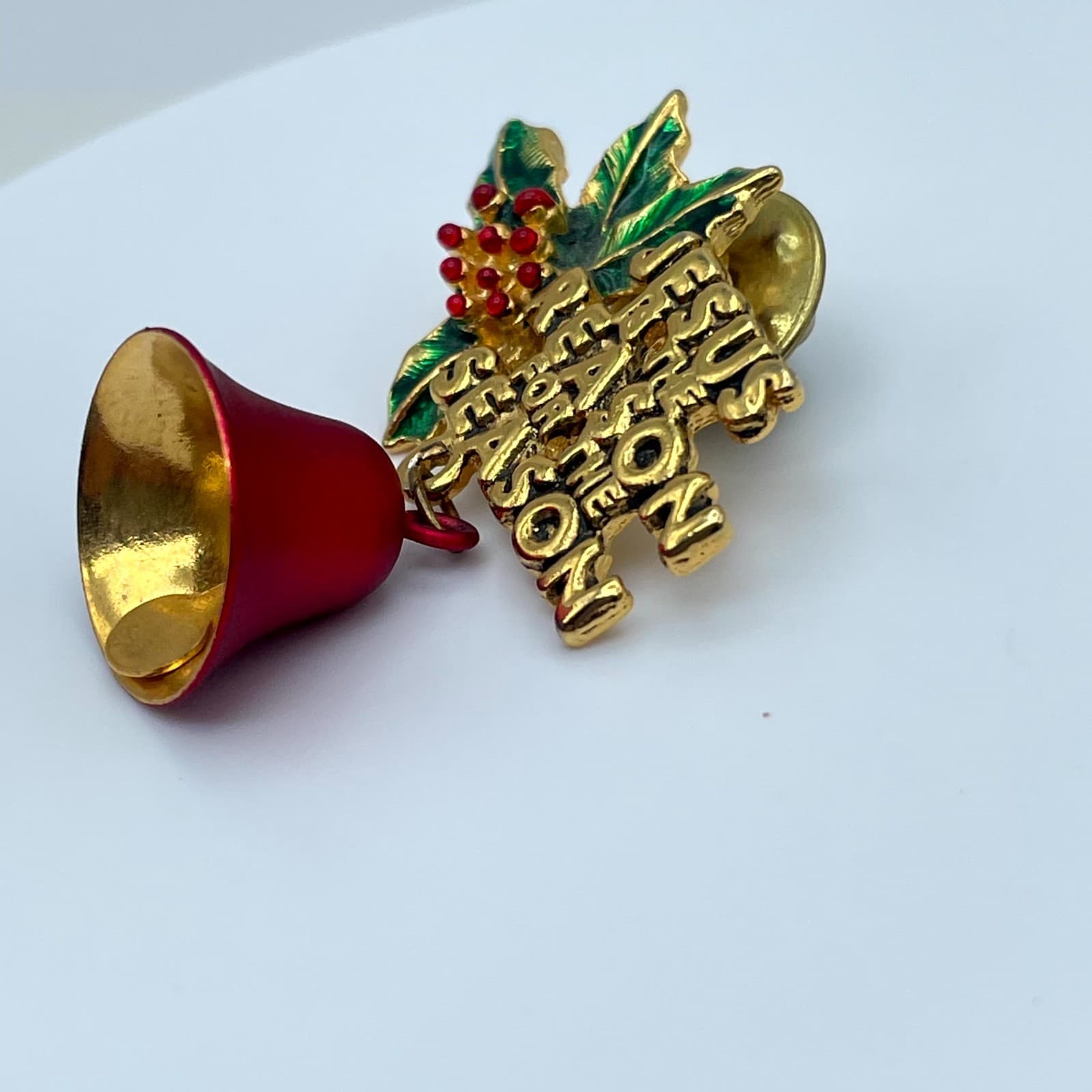 VTG Gold-Tone Holly Leaves Red Bell "Jesus is the Reason for the Season" Brooch - Thumbnail 7