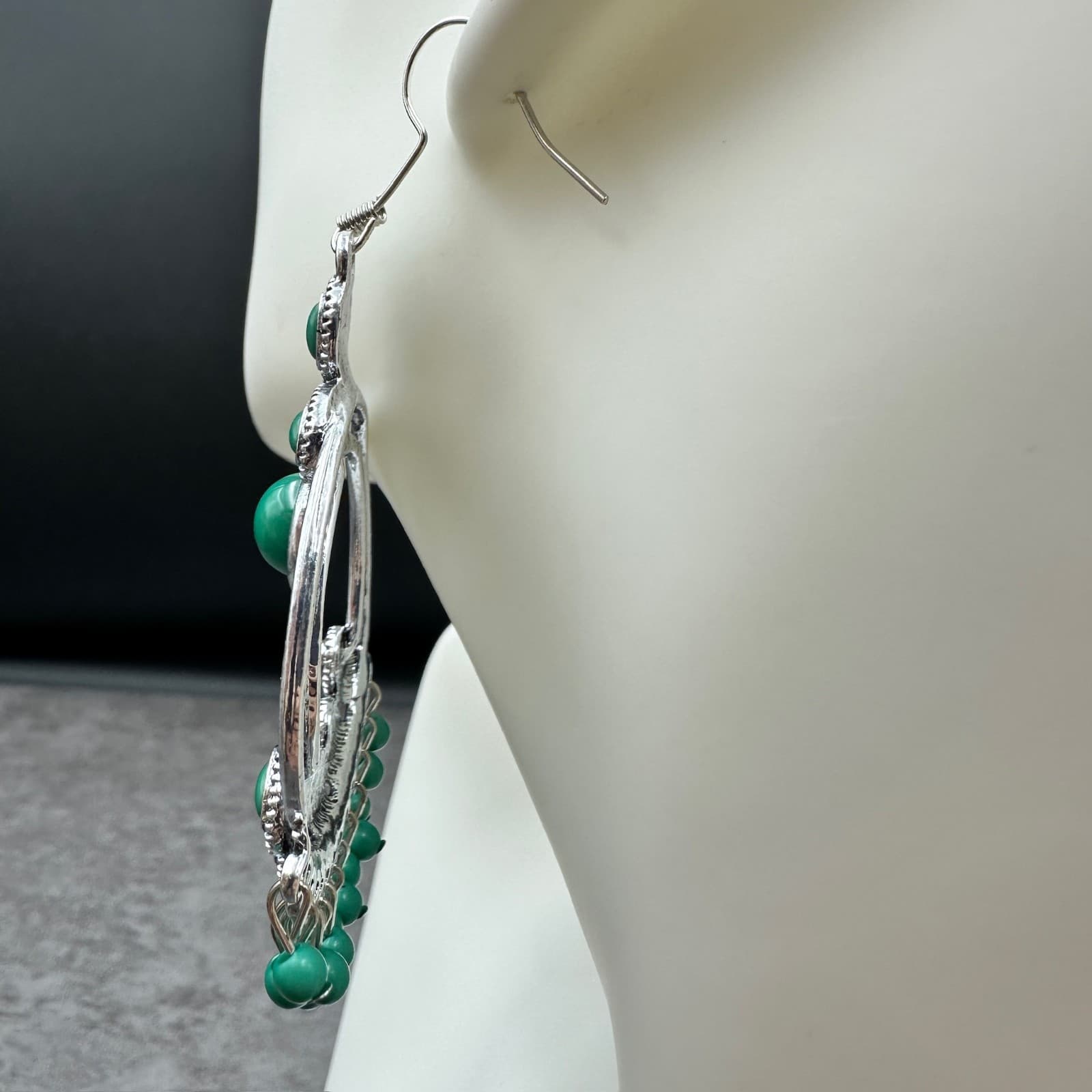 Paparazzi Green Oval & Bead Fringe Silver-Tone Boho Statement Earrings - Thumbnail 5