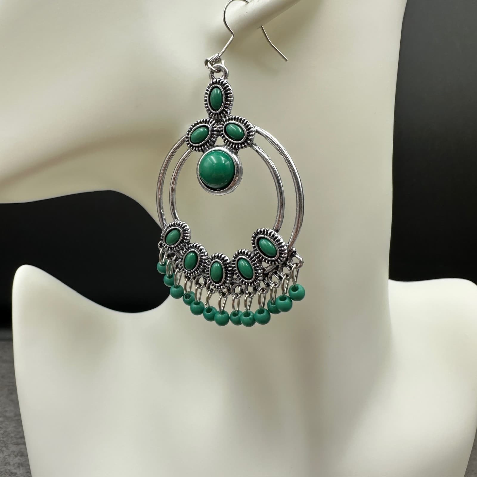 Paparazzi Green Oval & Bead Fringe Silver-Tone Boho Statement Earrings - Thumbnail 2