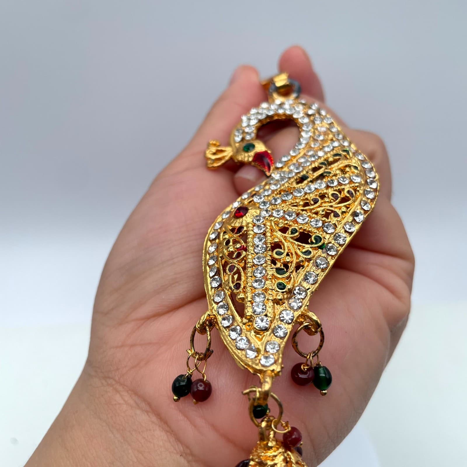 Gold-Tone Classic Fashion Rhinestone Embellished Peacock Saree Tassel Brooch Pin - Thumbnail 13