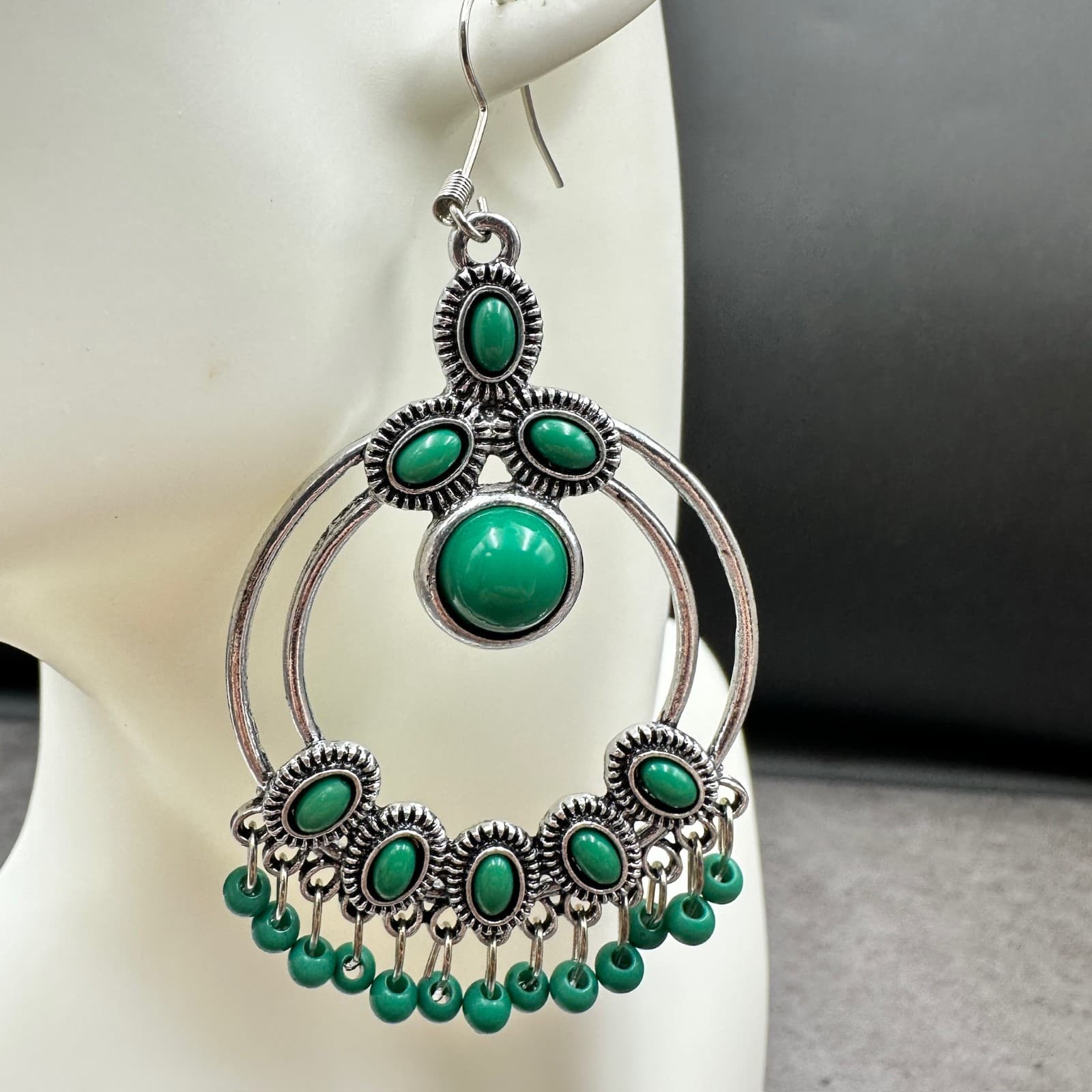 Paparazzi Green Oval & Bead Fringe Silver-Tone Boho Statement Earrings - Thumbnail 3