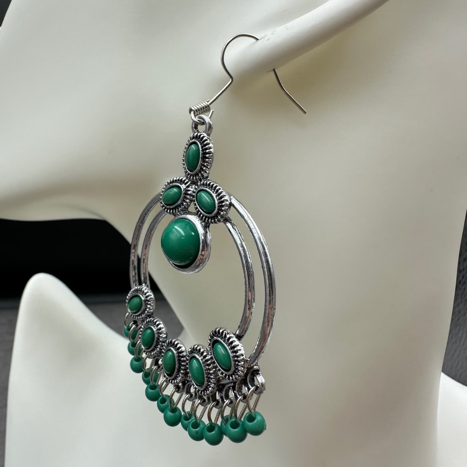 Paparazzi Green Oval & Bead Fringe Silver-Tone Boho Statement Earrings - Thumbnail 4